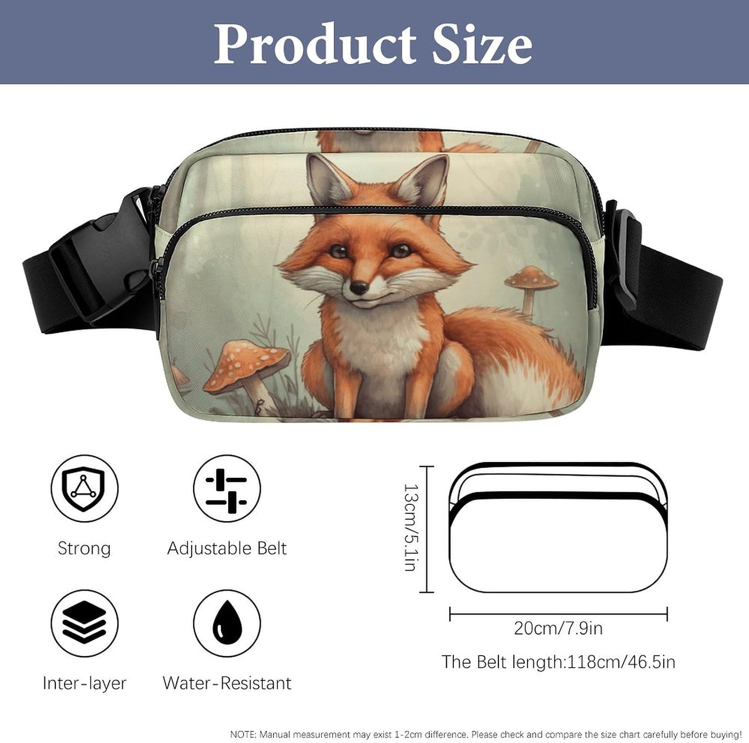 Unisex Waist Bag,Fox in The Woods Printed Adjustable Belt Casual Chest Bag Foldable Crossbody Bag Portable Waist Bag for Outdoors Workout Traveling Casual Running image 2