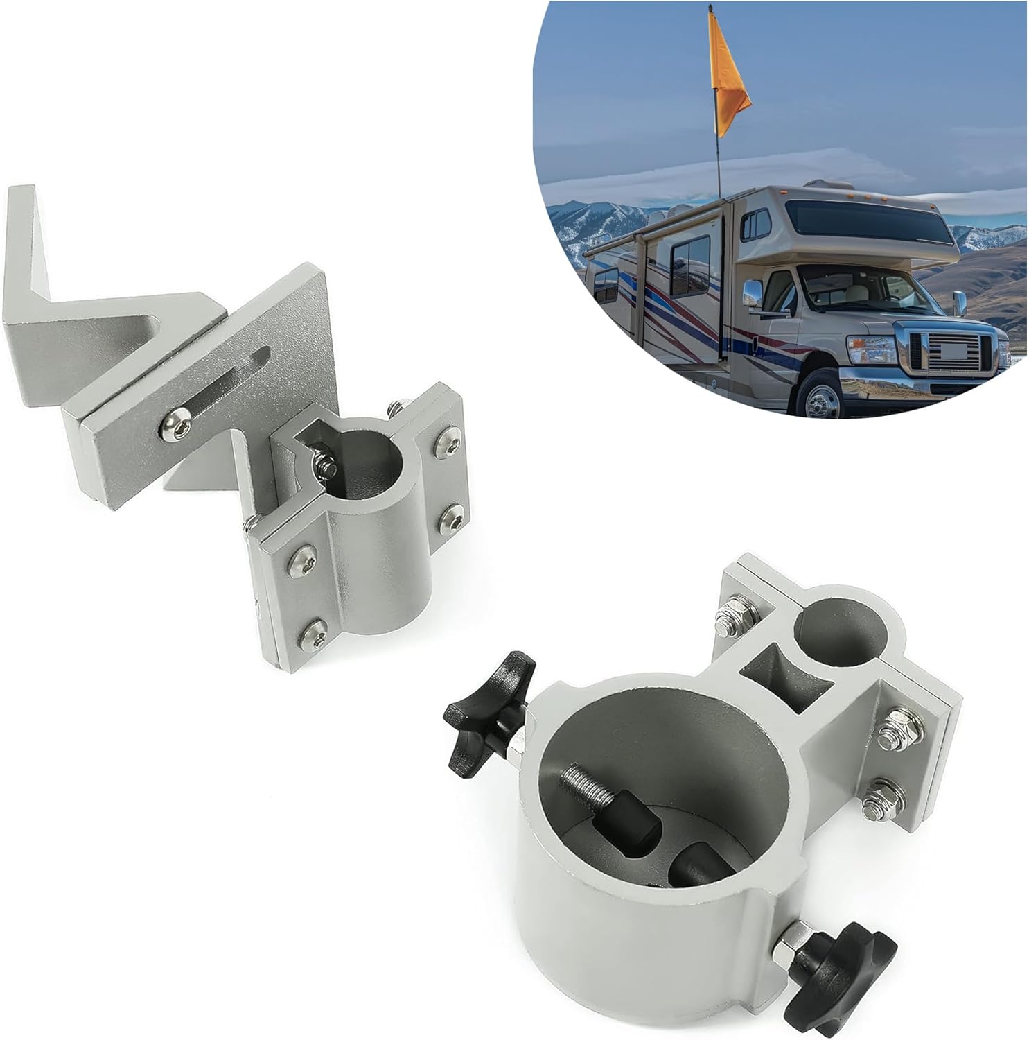 KUAFU RV Flag Wind Sock Pole Mount Fit 1 RV Ladder Rails Adjustable Hold up to 2.5 Diameter Pole Satellite/Antenna Starlink Pole Mount Mounting Bracket Kit
