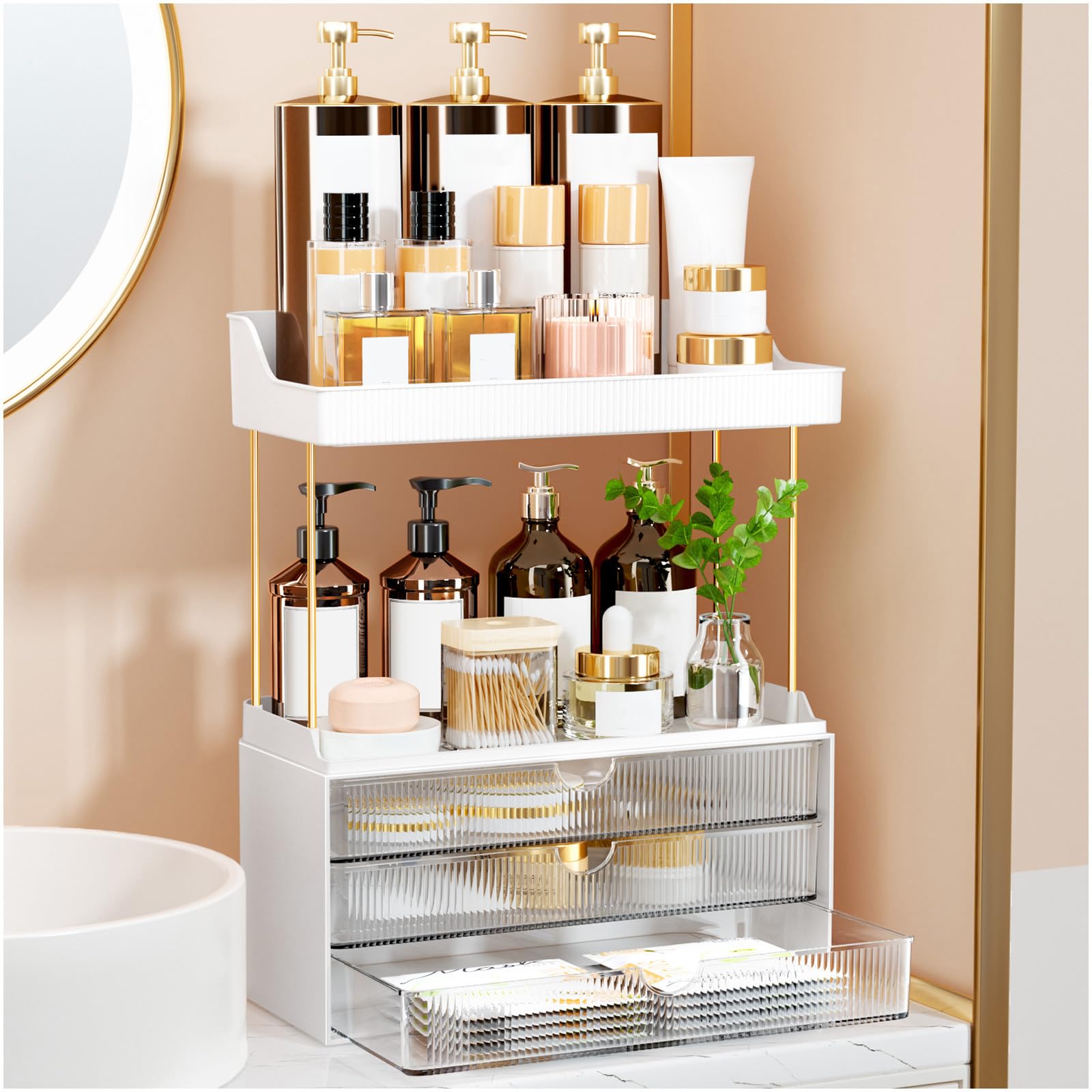 OrderlyGo Makeup Organizer - Upgrade 2 Etagen 3 Schubladen Großer Vanity Organizer, Vielseitige Kosmetik Organizer, Exquisite Badezimmer Organizer Aufbewahrung, Schminktisch Organizer，Transparent