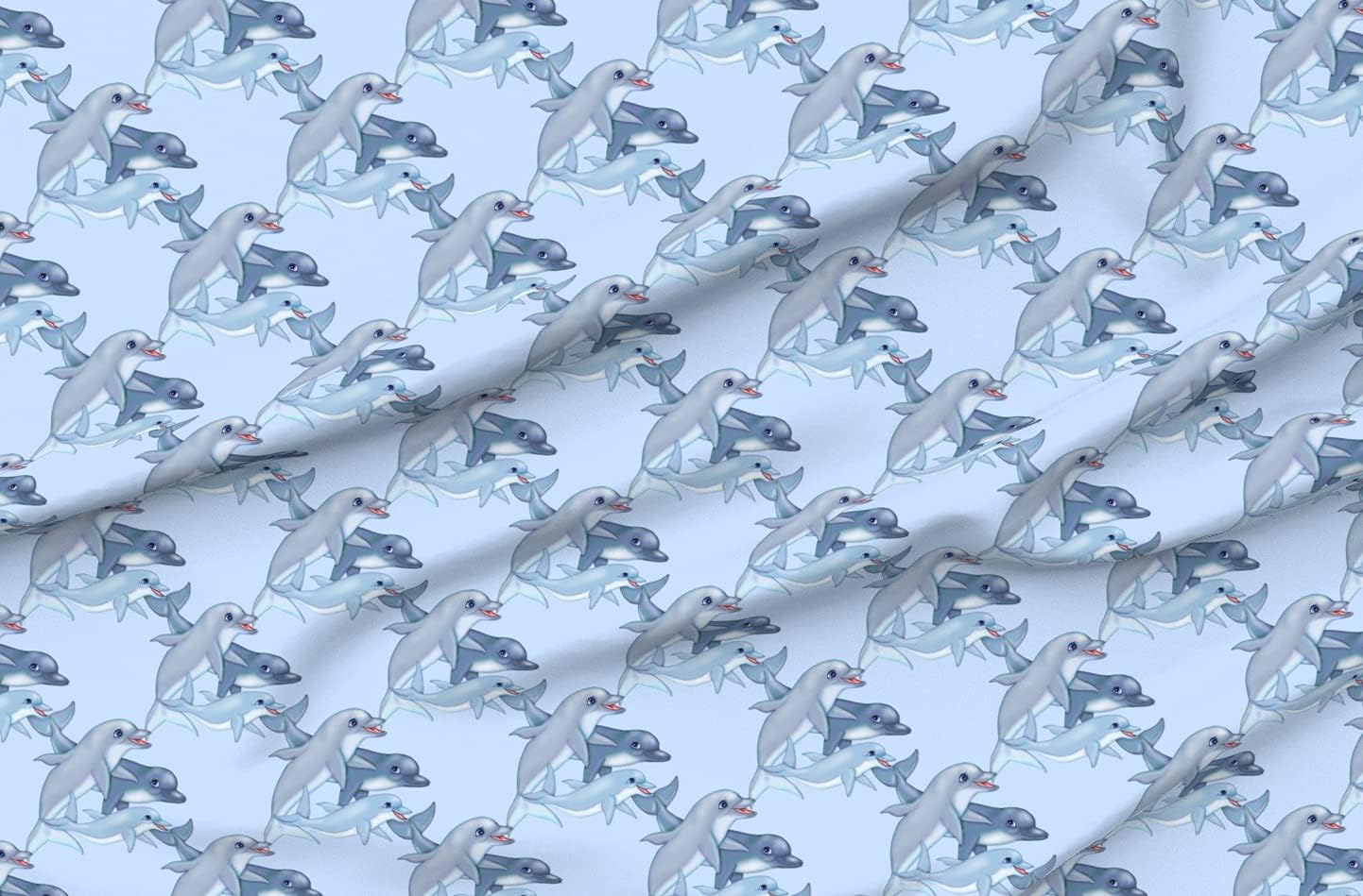 Spoonflower Fabric - Dolphin Family Wildlife Sea Life Animal Swim Ocean Printed on Organic Cotton Sateen Fabric by The Yard - Sewing Quilting Apparel Home Decor