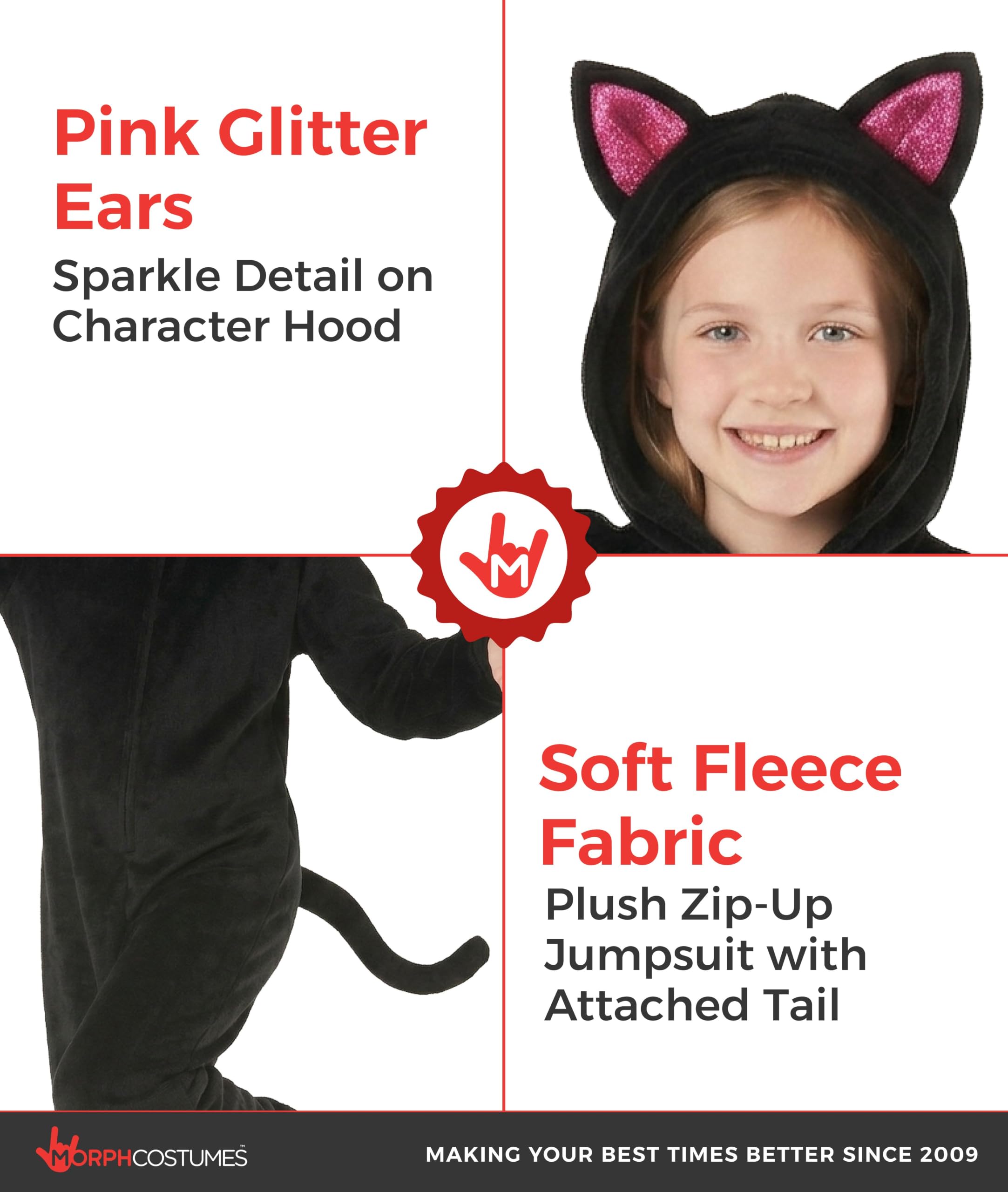Morph Disfraz Gato Negro Niña, Disfraz Halloween Niña | Mono de Peluche Negro con Cola & Diadema con Orejas, Para Poner, Perfecto para Halloween, Ideal para Juegos de Rol