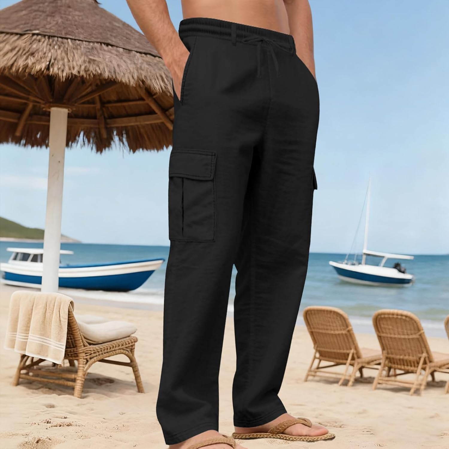Men's Linen Pants Casual Cargo Pants Elastic Drawstring Waist Straight-Legs Summer Yoga Beach Long Pants with Pockets - Image 4