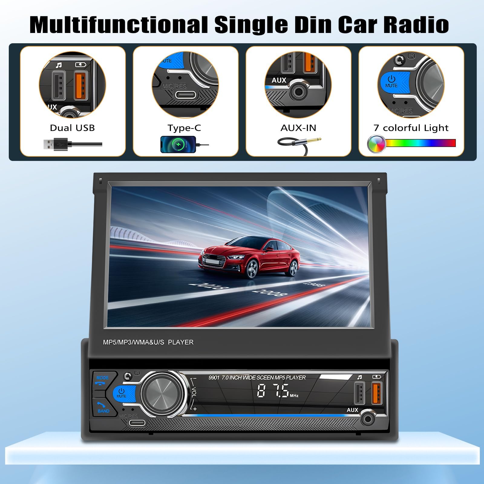 Autoradio Écran Tactile 1 Din de 7 Pouces Capacitif à Déploiement Rapide avec Bluetooth Mirror Link FM/RDS SWC USB AUX + AHD Caméra de Recul