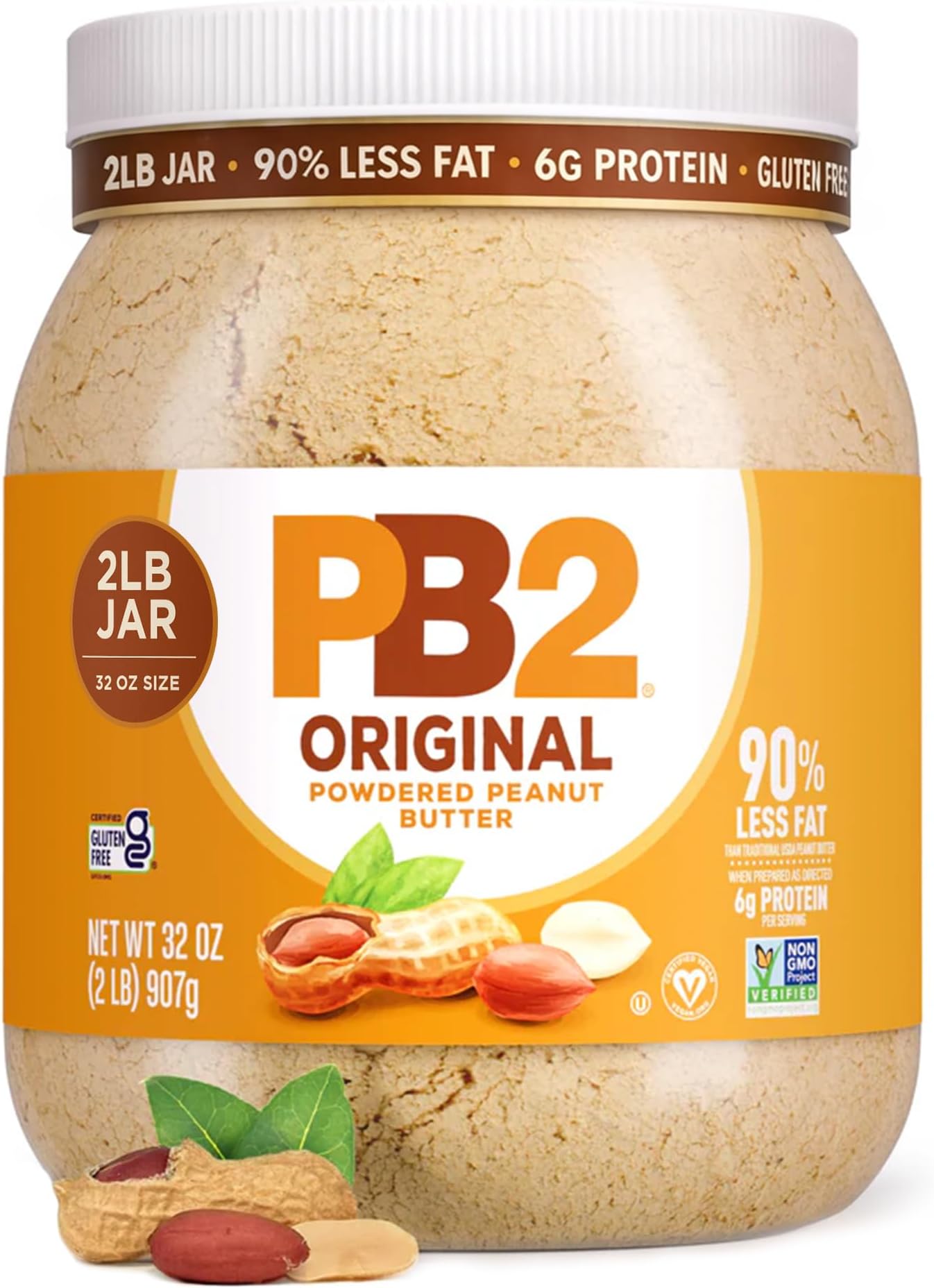 Original Powdered Peanut Butter - 6g of Protein, 90% Less Fat, Certified Gluten Free, Only 60 Calories per Serving, Perfect for Protein Shakes, Smoothies, and Low-Carb, Keto Diets - 907g