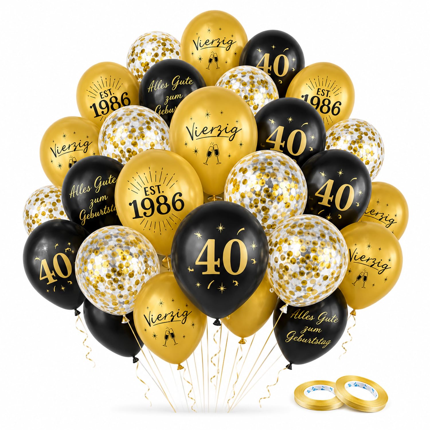 30 Pcs Gold and Black 40th Birthday Balloons, Happy Birthday Decorations for Men and Women, 40 Year Old Party Supplies, Latex 40 Balloons with Ribbon for Indoor Outdoor 40th Party