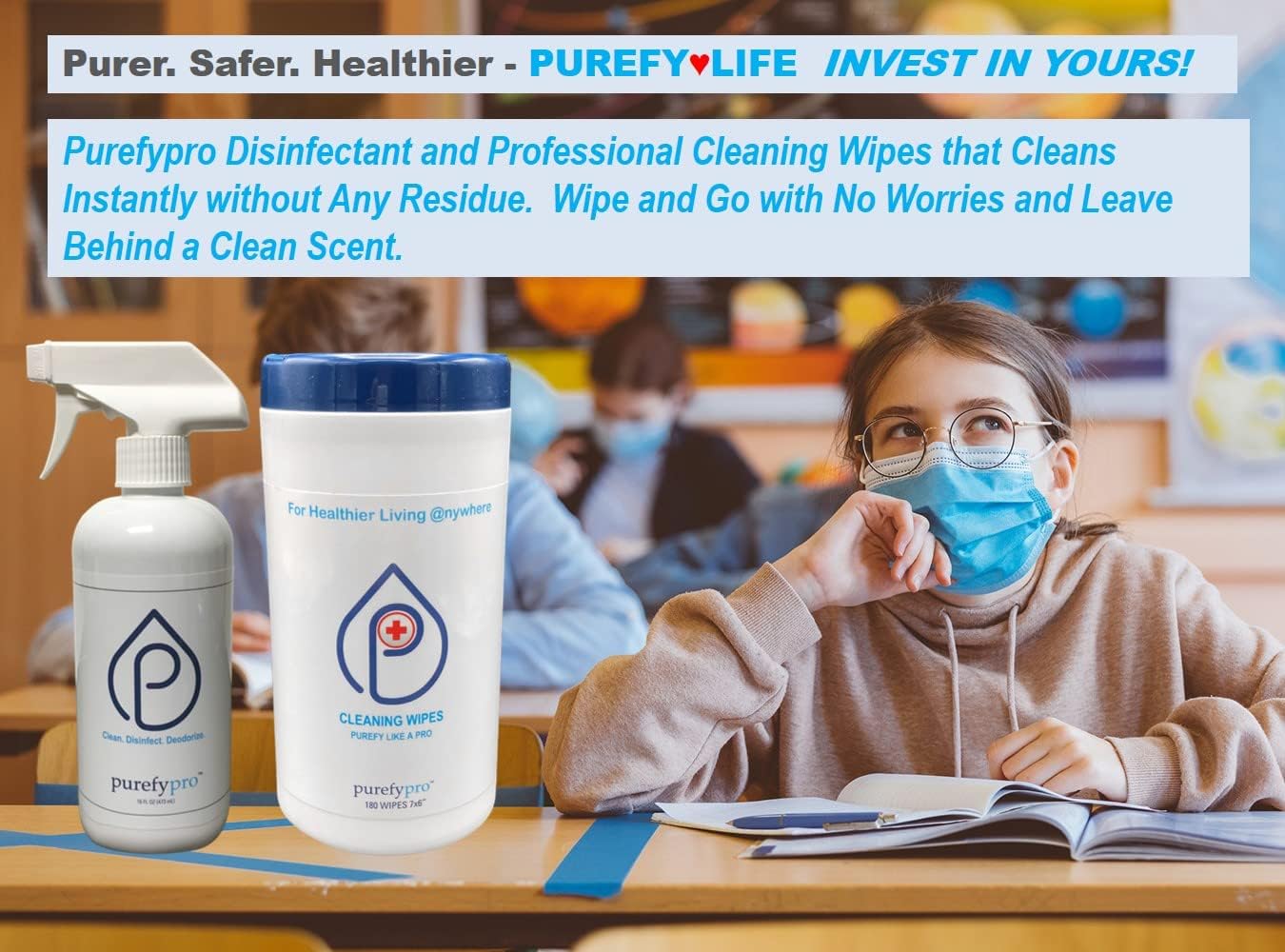 Purefypro Disinfectant and Cleaning Wipe Package. Kills 99.9999% Virus, Norovirus, HIV, Hepatitis, Flu, Monkeypox Virus, and Fungi, Drug Resistant Germs, MRSA, VRE, E Coli. No Rinse. No Residue.