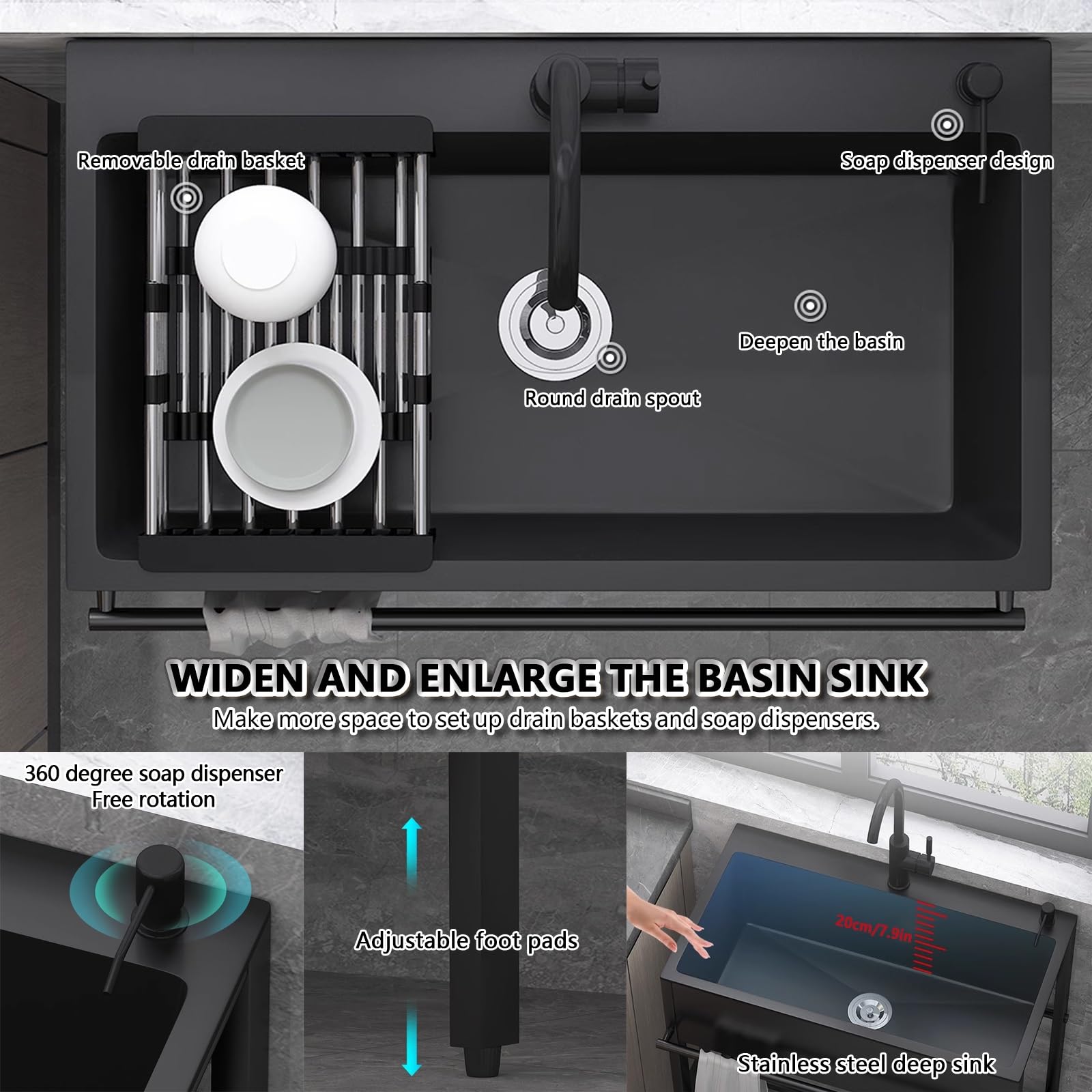 Fregadero utilitario de acero inoxidable con soporte, fregadero de cocina de un solo tazón con plataforma de almacenamiento, grifo frío y caliente, perfecto para exteriores, garaje, estación de lavado