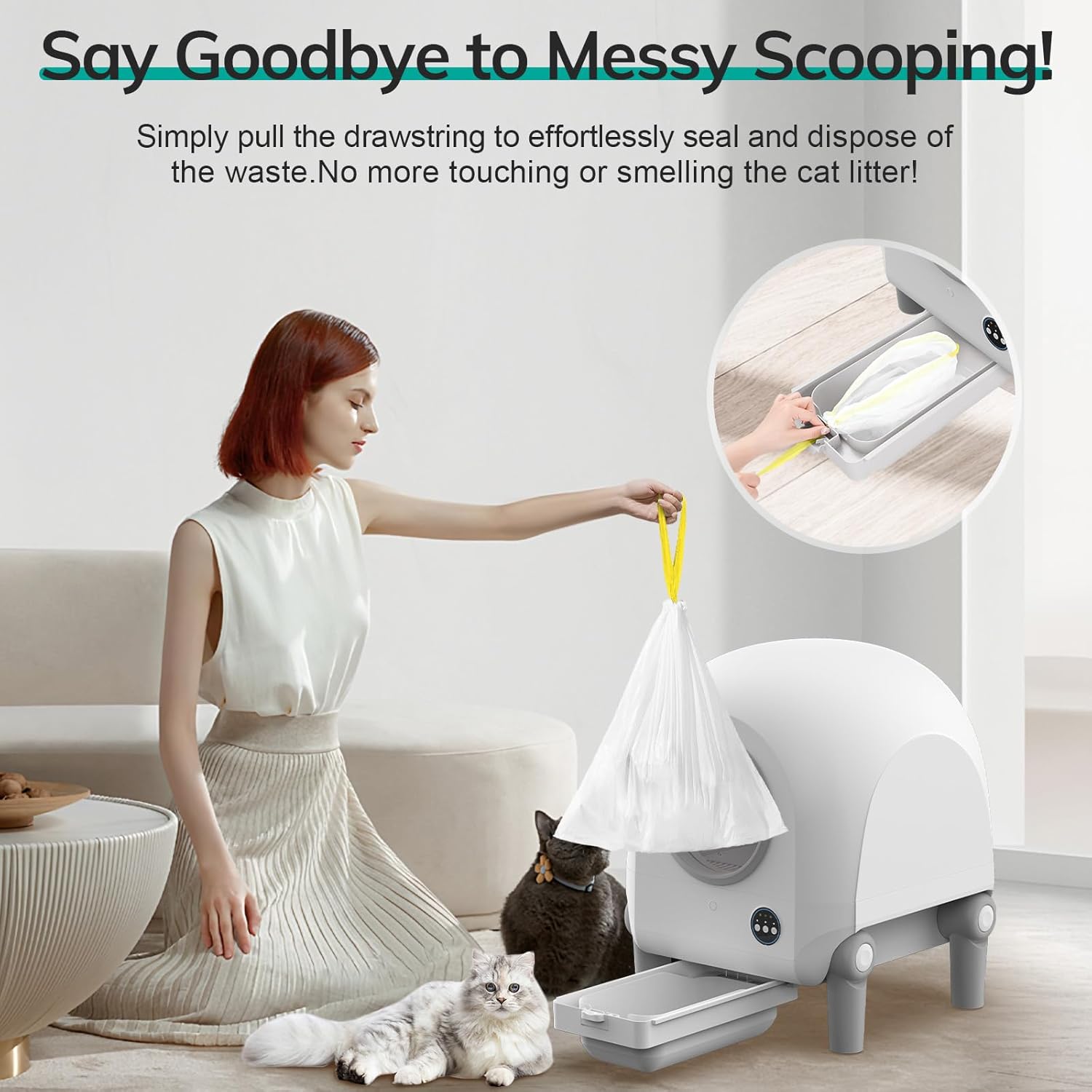 Person pulling a drawstring to seal a waste bag from the Omzer OM-CLB Automatic Self-Cleaning Cat Litter Box's waste bin.