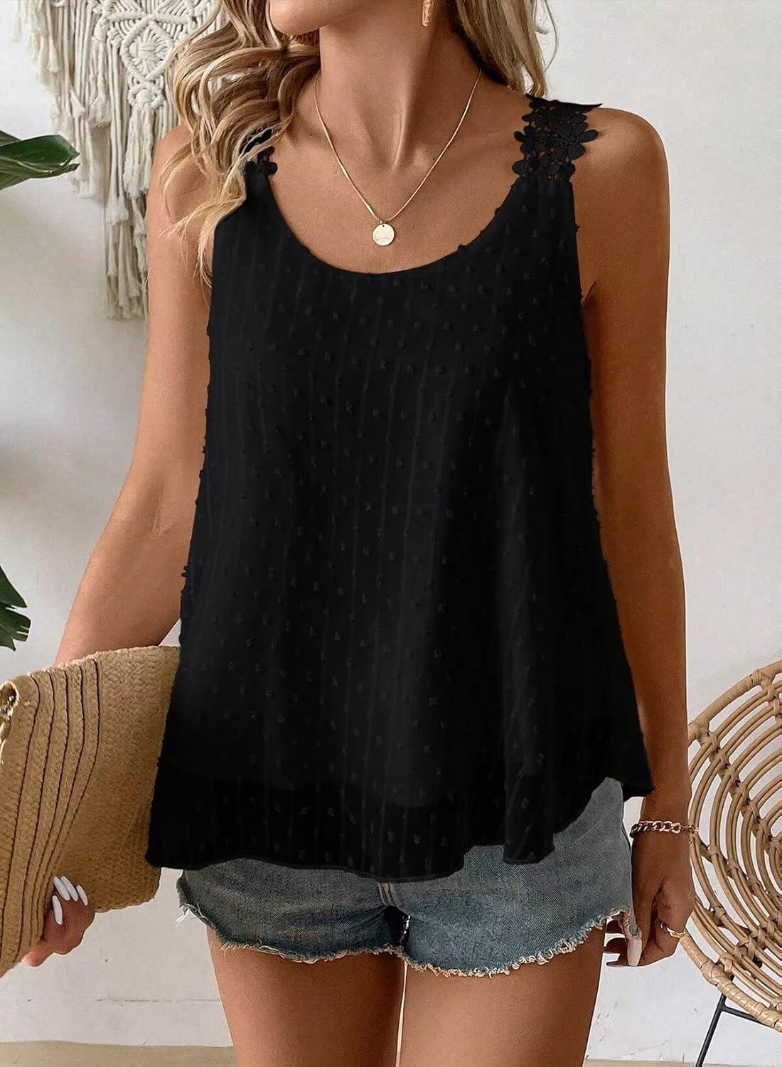 Womens Tank Tops Flowy Sleeveless Summer Boho Tank Top for Women Casual Crewneck Strap Lace Camisole Shirts - Image 2
