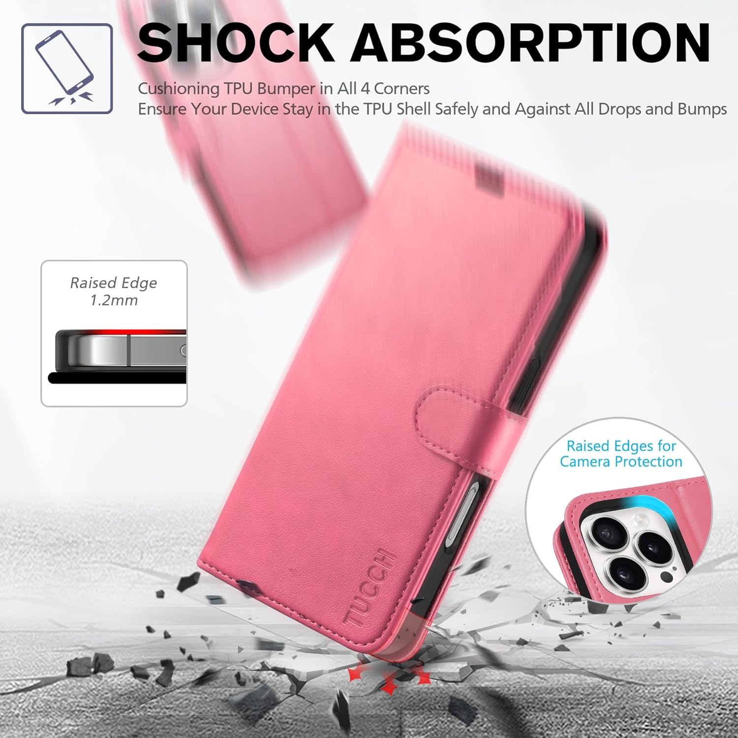 TUCCH Wallet Case for iPhone 16 Pro, Flip Wallet PU Leather Magnetic Protective Cover with [RFID Blocking] [4 Card Slots] Stand [TPU Interior Case] Compatible with iPhone 16 Pro, Hot Pink