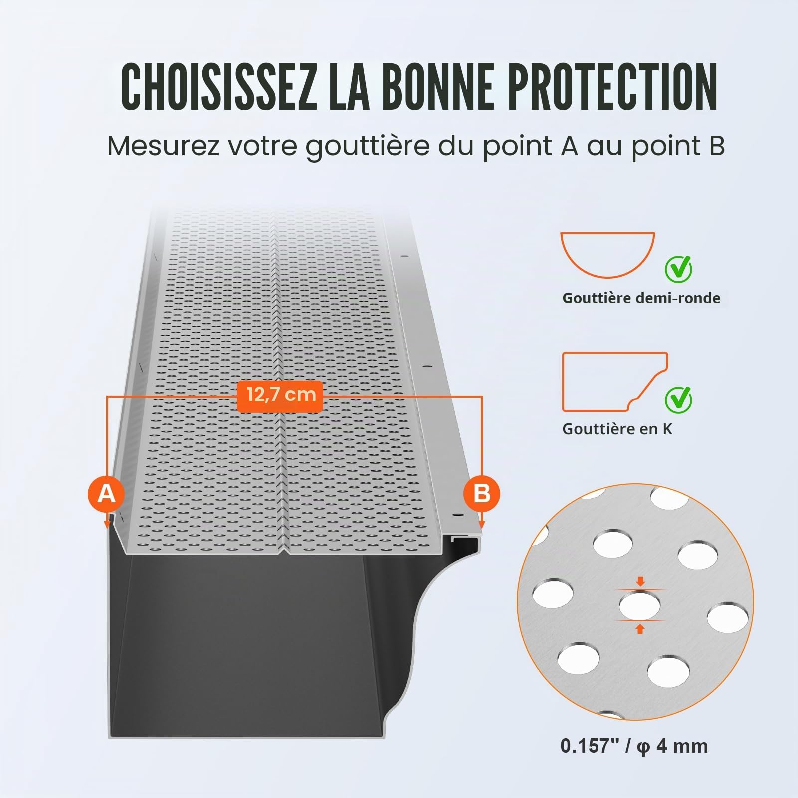 VEVOR Grille de Protection Gouttière 127 mm Pare-feuilles pour Gouttières Aluminium 13PCS Longueur Totale 15,9 m Trou 4 mm Épaisseur 0,5 mm Protège-gouttière Anti-feuille pour Tout Type Toit Gouttière