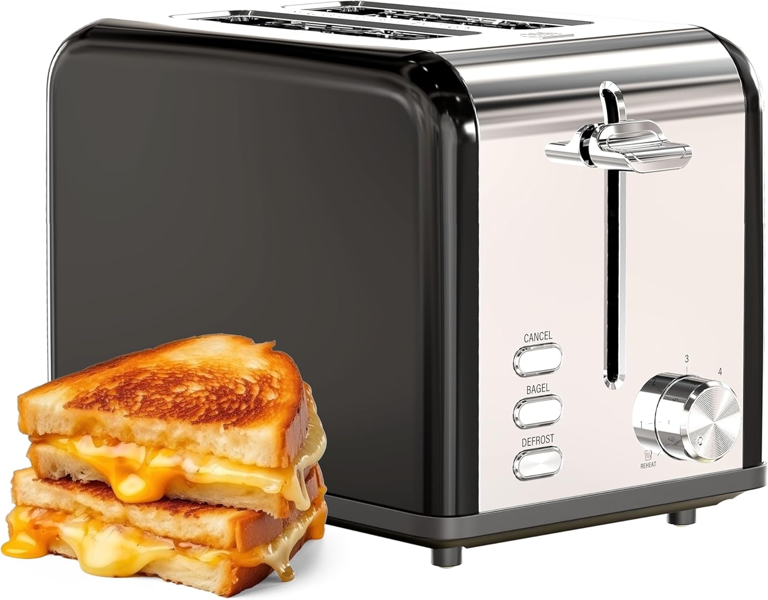 YSSOA Tostadora de acero inoxidable de 2 rebanadas, 6 ajustes de tostado y 3 funciones, ranura extra ancha y bandeja extraíble para migas, para pan