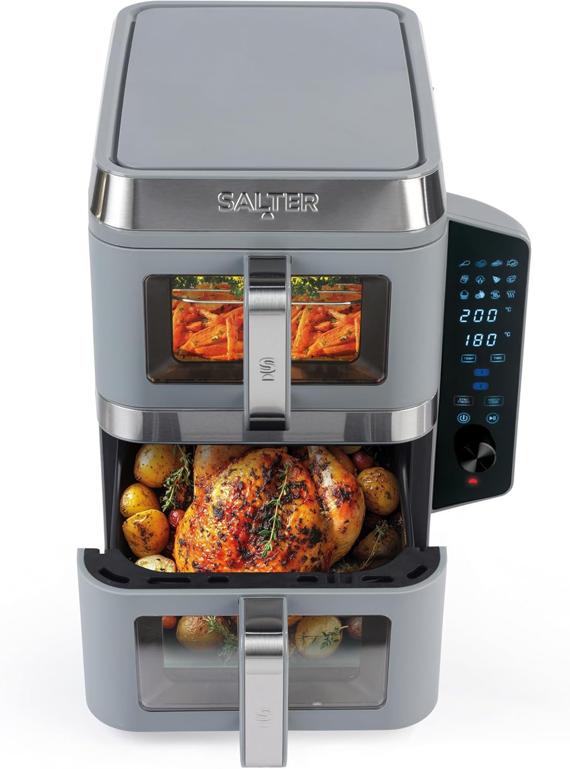Salter VersaLayer Air Fryer – 12 Cooking Presets, 9L Cap., 2400W, Easy-Viewing Windows, Sync & Match, Digital LED Display, 60 min Timer, Dishwasher-Safe Accessories, Non-Stick Trays, PFAS-Free, Grey