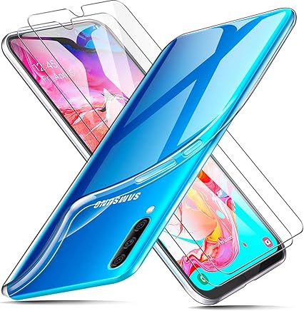 AROYI Funda + 2 X Protector de Pantalla para Samsung Galaxy A70, Transparente TPU Silicona Carcasa, Anti-Choques/Ara?azos Flexible Case Cover para Samsung Galaxy A70