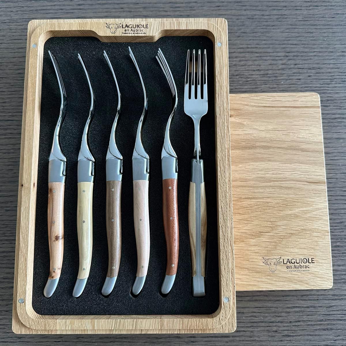 Laguiole en Aubrac Luxury Stainless Steel Forks 6-Piece Set with Mixed French Wood Handles, Stainless Steel Matte Bolsters