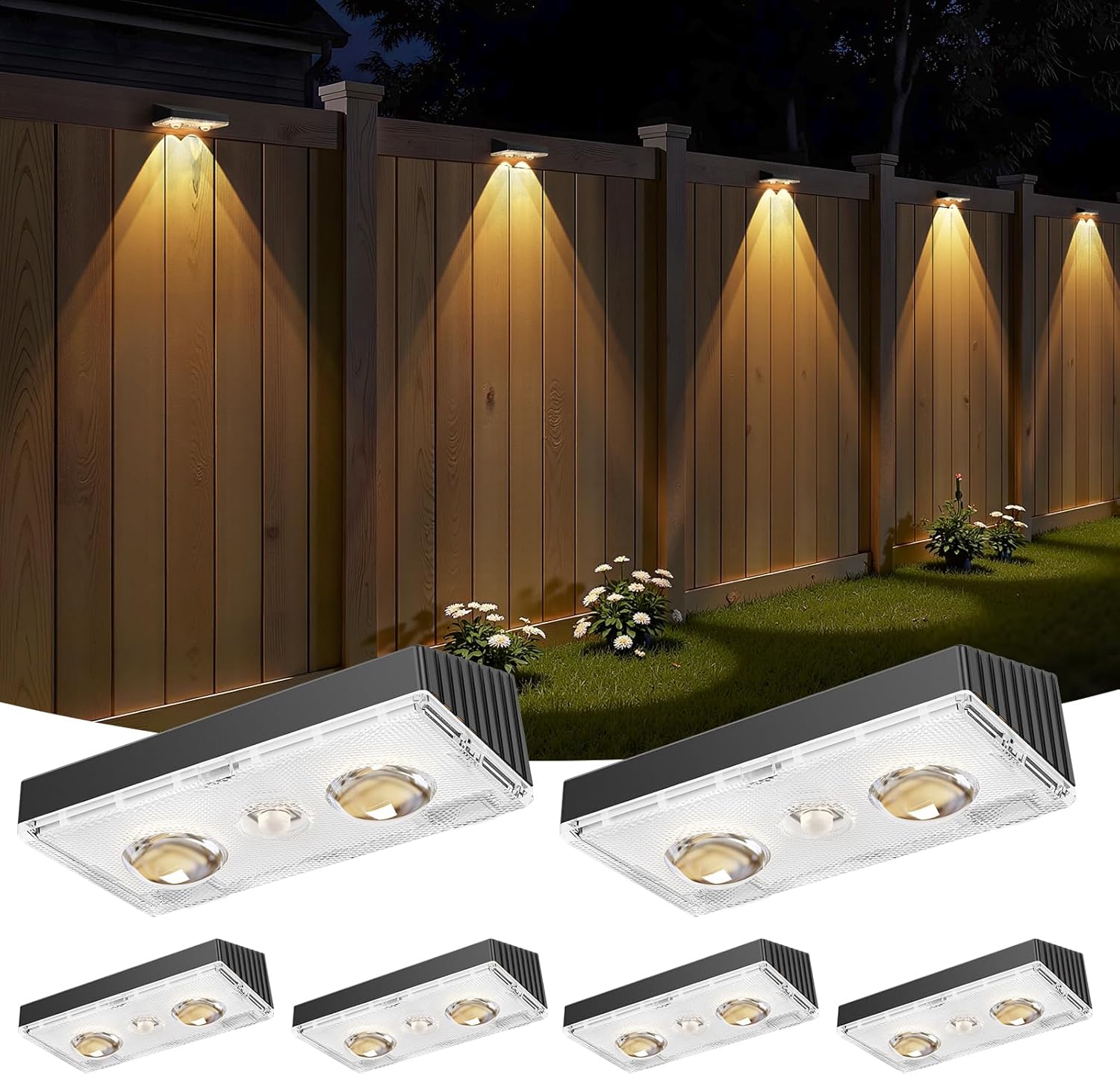 Bridika Solar Fence Lights Outdoor Waterproof, 6 Pack Solar Powered Deck Lights for Backyard, Wall, Patio & Garden - 8 Color Changing Modes, Bright LED with Lens, Dusk to Dawn White