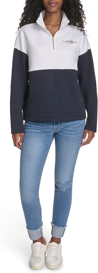 Tommy Hilfiger Womens 1/4 Zip Mockneck Colorblock Fleece Sweatshirt