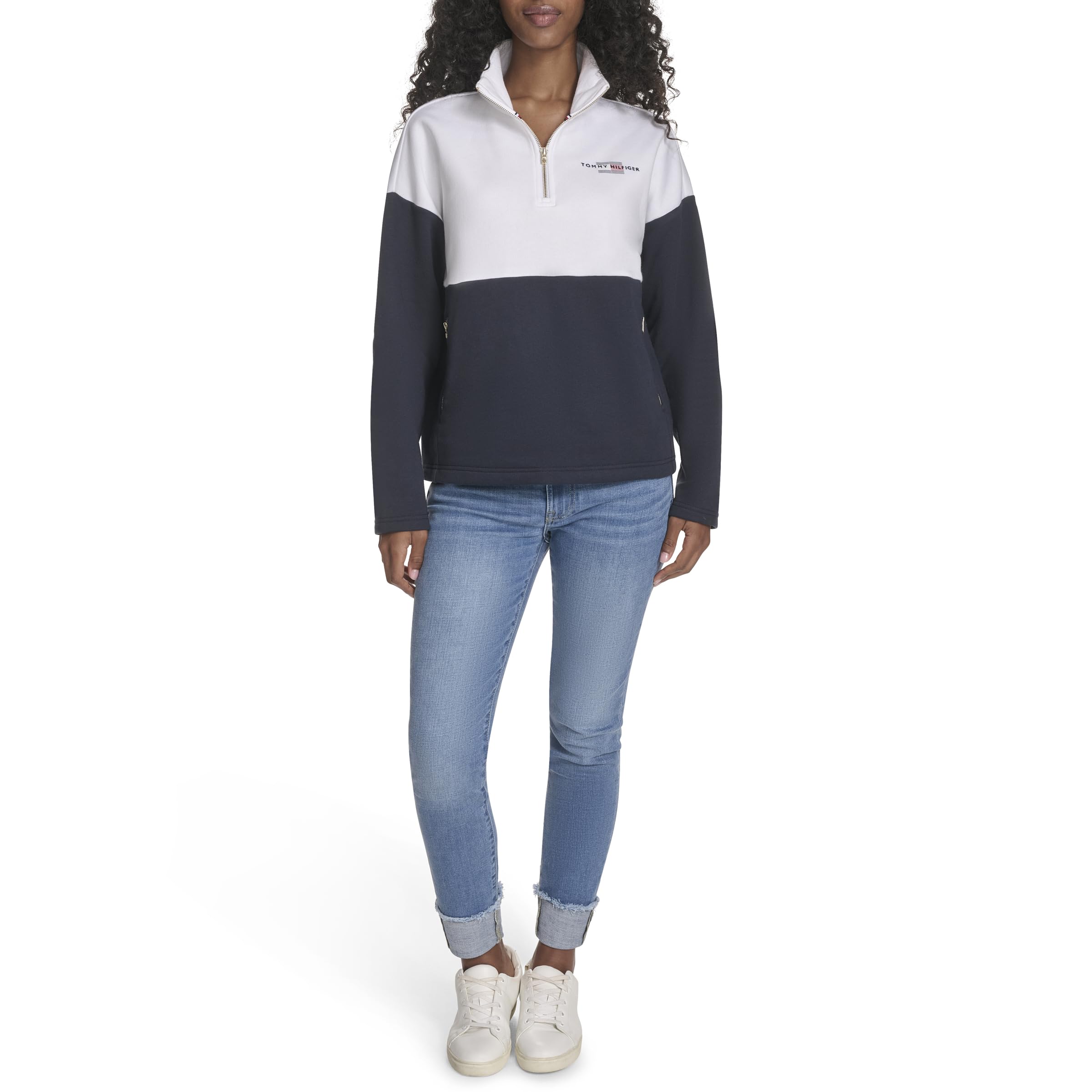 Tommy Hilfiger Women's 1/4 Zip Mockneck Colorblock Fleece Sweatshirt, Bright White/Sky Captain, Large