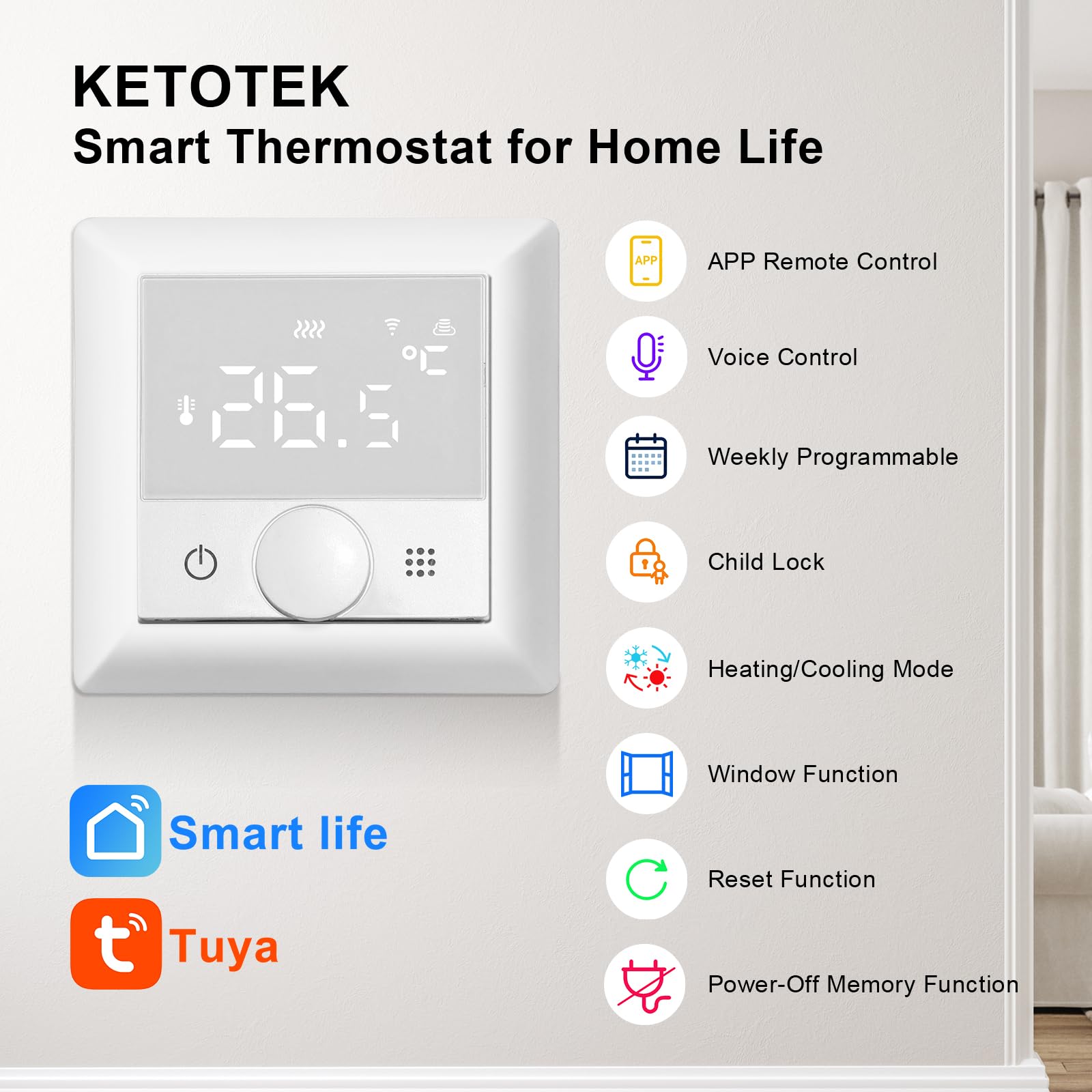 KETOTEK Termostat WiFi do kotła/ogrzewania podłogowego wody | Termostat pokojowy Smart Home 3 A, cyfrowy programowalny termostat ścienny, kompatybilny z Alexa