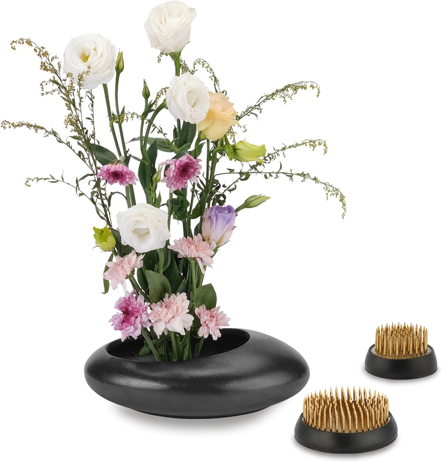 8 Inch Ikebana Vase with Flower Frog Black Ceramic Bowl Vases with Gold Stem Holder and Kenzan Straightener Japanese Pebble Shaped Floral Arrangement Bowl for Home Decor