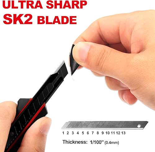 Miniatura 4 de HAUTMEC 4PCS18mm - Cortador de cuchillos utilitarios con botón de cambio rápido de seguridad, hoja ultra afilada SK2 negra a presión, mango de goma