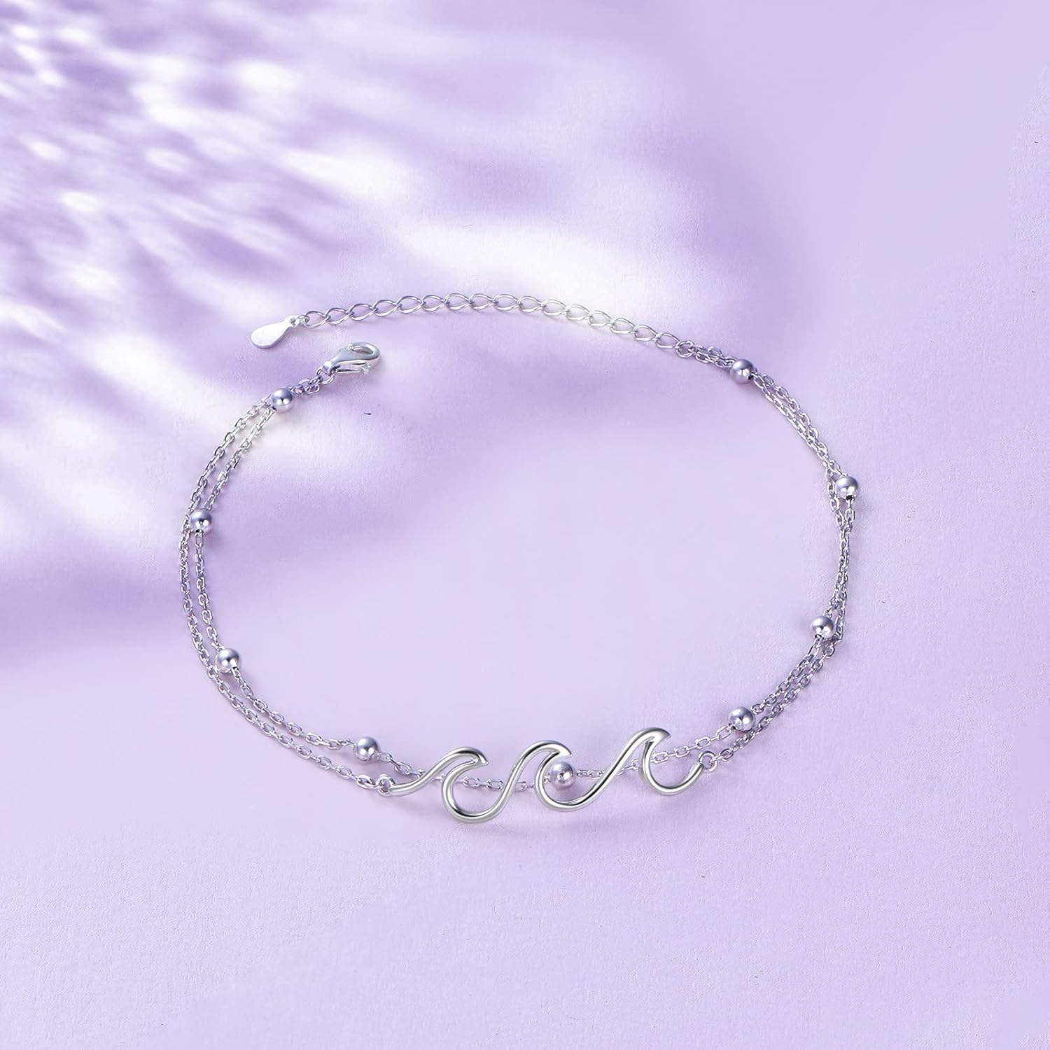 Wave Anklet for Women S925 Sterling Silver Adjustable Starfish Layered Ocean Beach Sea Ankle Foot Bracelet - Image 3