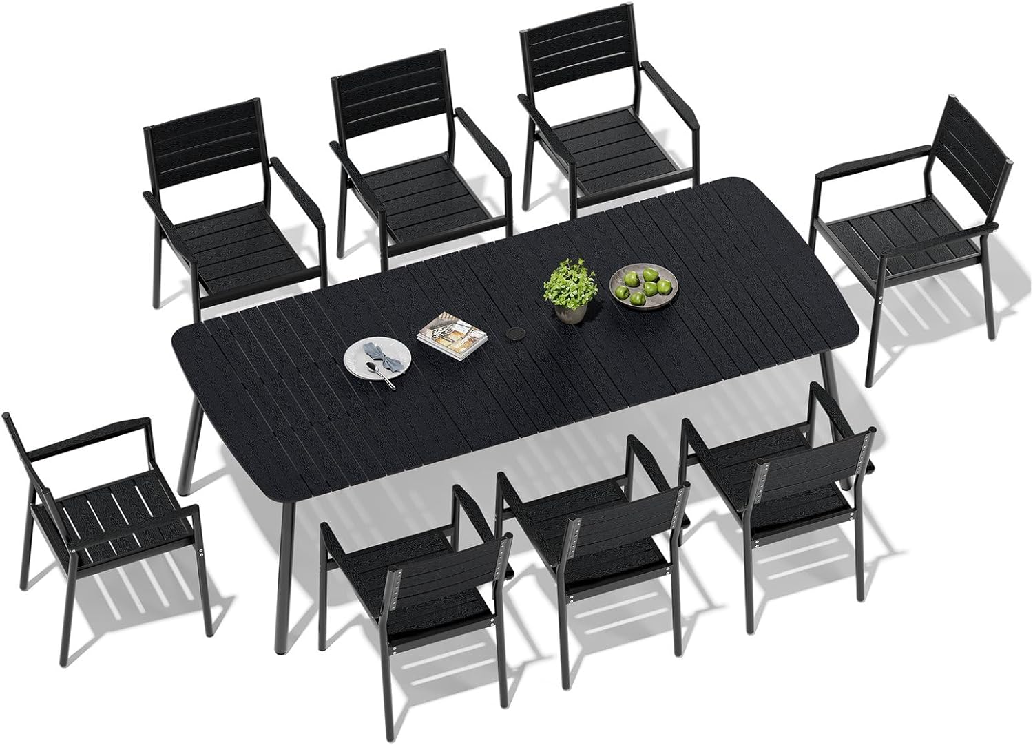 Crestlive Products Patio Table and Chairs Set, 9 Pieces Aluminum Outdoor Dining Set with Umbrella Hole All-Weather 95in Patio Furniture Set with Woodgrain for Garden Backyard Poolside, Black