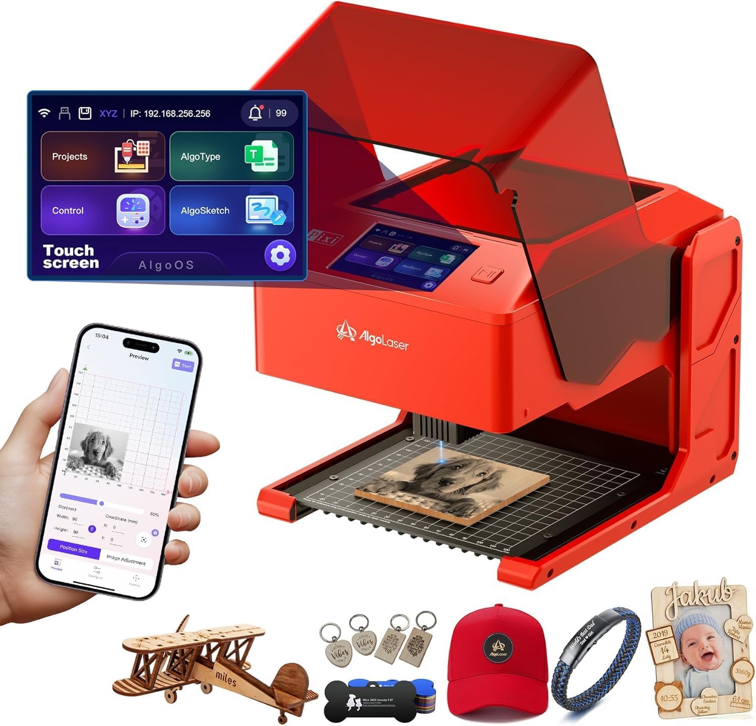 AlgoLaser 5W Laser Engraver Machine: Portable & Smart with 3.5" Touch Screen, Hand Drawing/Wireless/SD Card/Offline Engraving, AlgoOS 2.0 Self Developed System for Wood, Acrylic, Leather