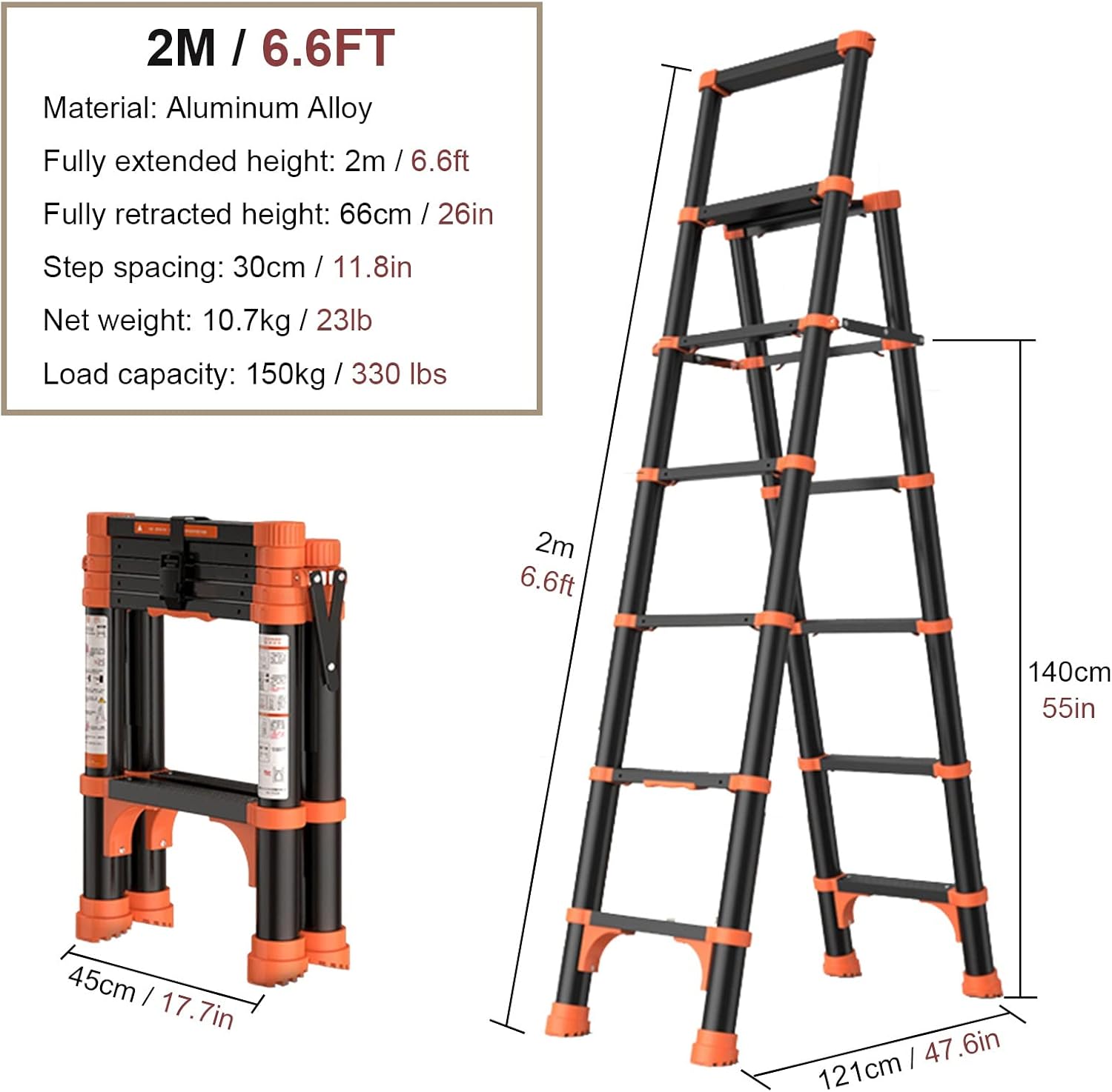 Telescopic Ladder Deluxe Aluminum Alloy Telescoping Ladder, 1.4m/1.7m/2m Herringbone Telescopic Ladder, Climbing/Decorating/Painting Step Ladder (Size : 2m/6.6ft)