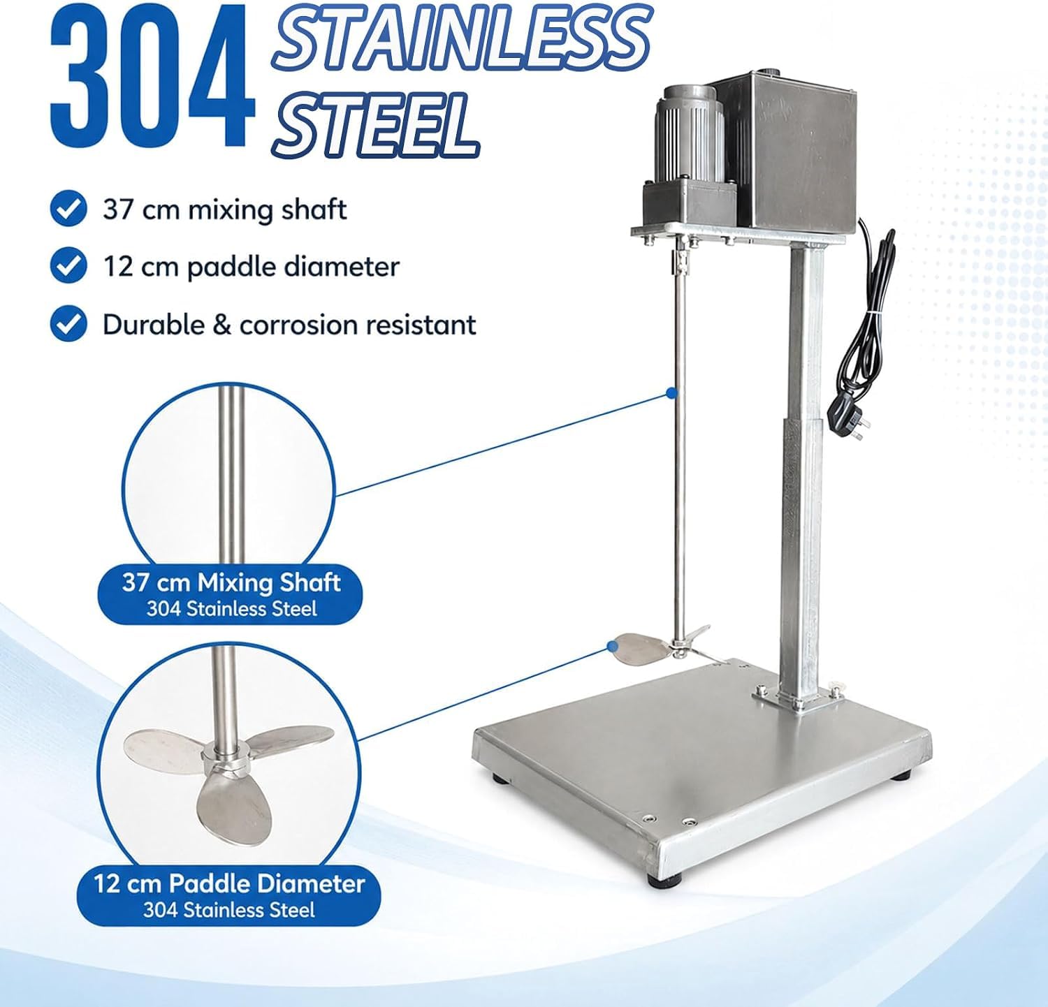 Miscelatore Elettrico per Vernici Regolabile con Albero in Acciaio Inox 304, Altezza 30-48 cm, Base Stabile per Uso in Officina e Laboratorio.