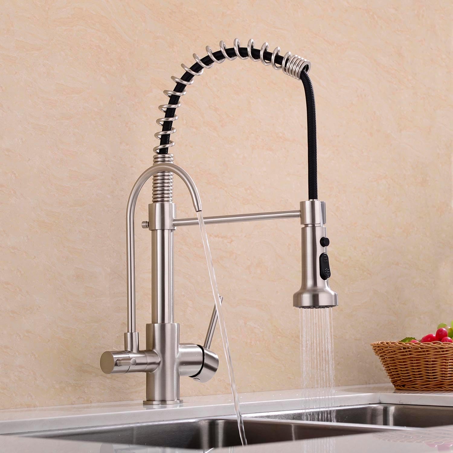 Commercial 3 in 1 Spring Brushed Nickel Kitchen Faucet, High Arc Single Hole Pull Down Sprayer Kitchen Sink Faucet, RO System Water Filter Faucet Integrated into Kitchen Faucet