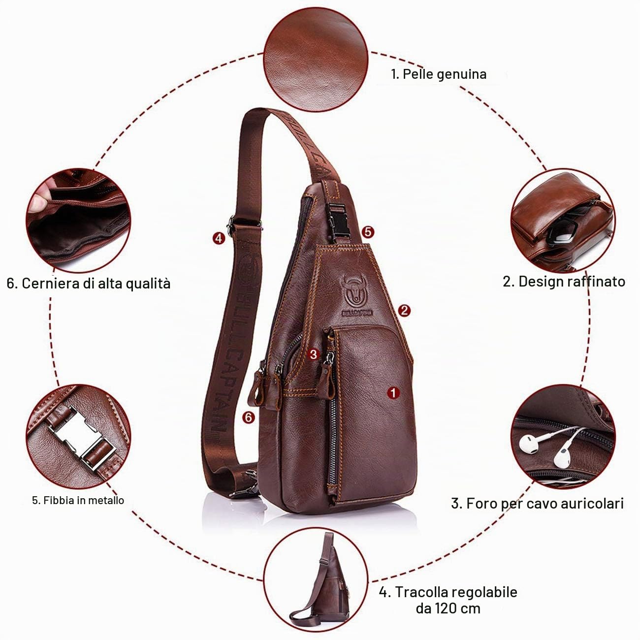 QUEAMBLER Borsa Tracolla Vera Pelle Uomo, Pacco Petto Vera Pelle Uomo Zaino Monospalla, Borsello a Spalla, Borse a Zainetto Crossbody Messaggero Sport Viaggio Marrone