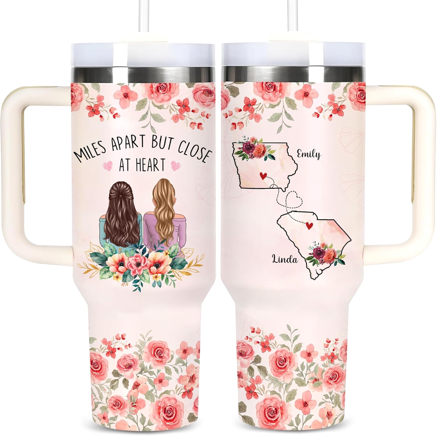 Personalized Bestie Gifts - Mother's Day Gifts For Best Friend, Bestie, Sister, BFF, Her - Miles Apart But Close At Heart Tumbler 40oz - Birthday, Christmas Friendship Gift For Friends