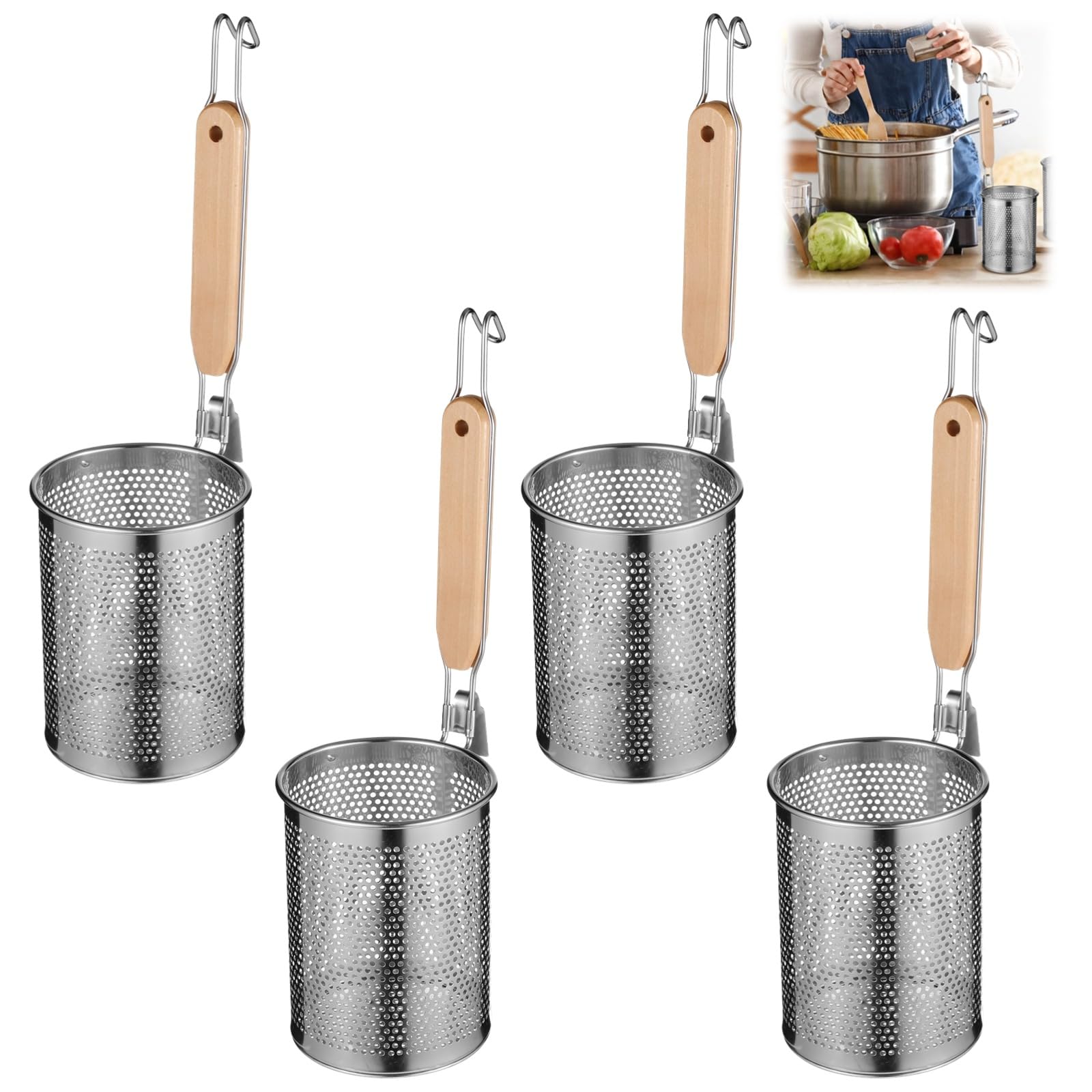 Stainless Steel Pasta Strainer, 4 Pcs Noodle Dumpling Strainers, Blanching Baskets with Wood Handle, Mesh Spider Strainer for Pasta, Noodle, Dumpling
