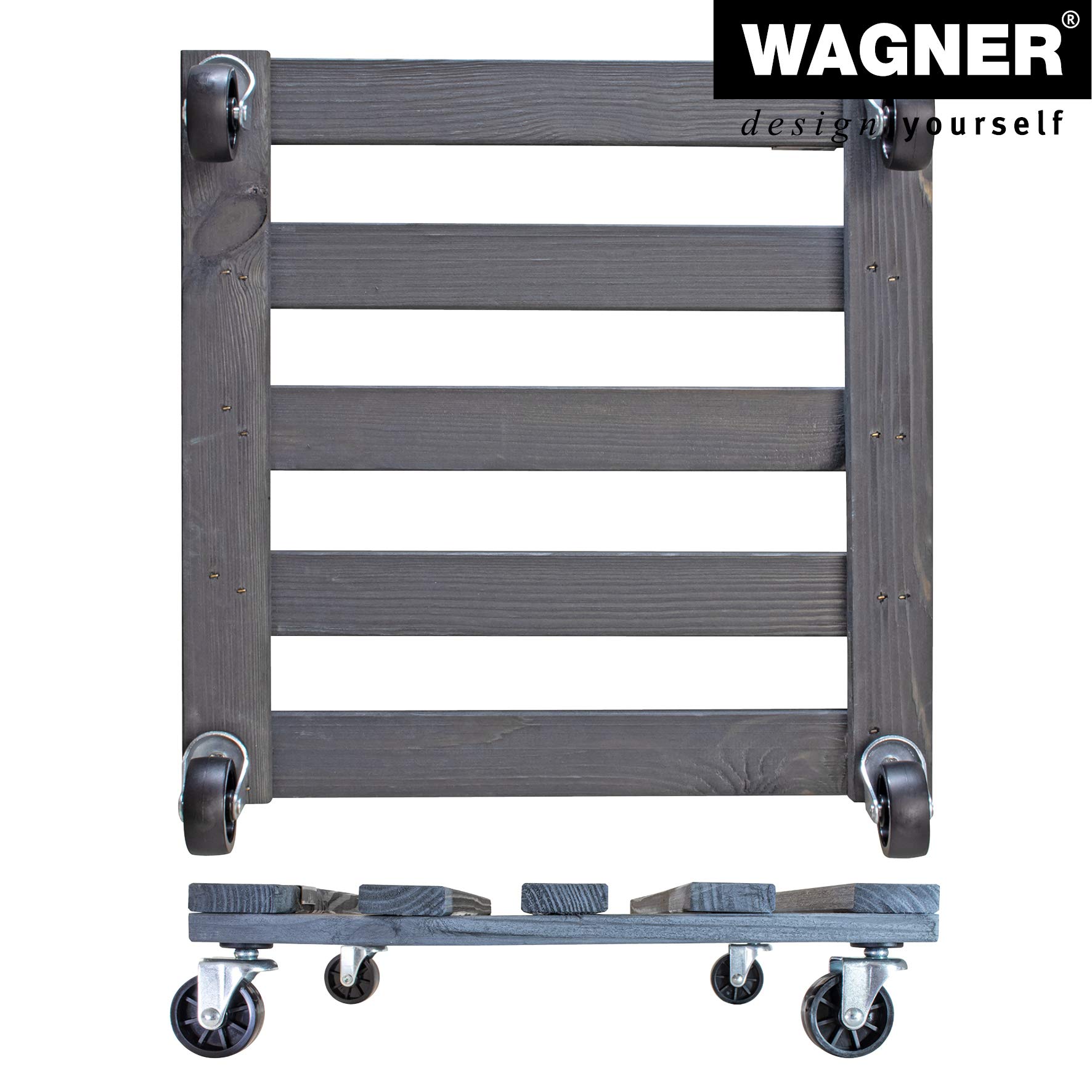 WAGNER Support à roulettes pour pot de fleur PALETTI 38 x 38 x 9,5 cm I intérieur + extérieur I Roule pot en bois massif certifié FSC®, anthracite I Capacité de charge 120 kg I Made in EU - 20042201