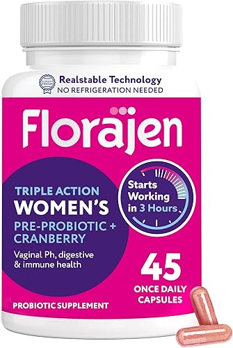 Florajen Suplemento vaginal probiótico, prebiótico y arándano para mujer para apoyo inmunológico y salud digestiva, 45 cápsulas
