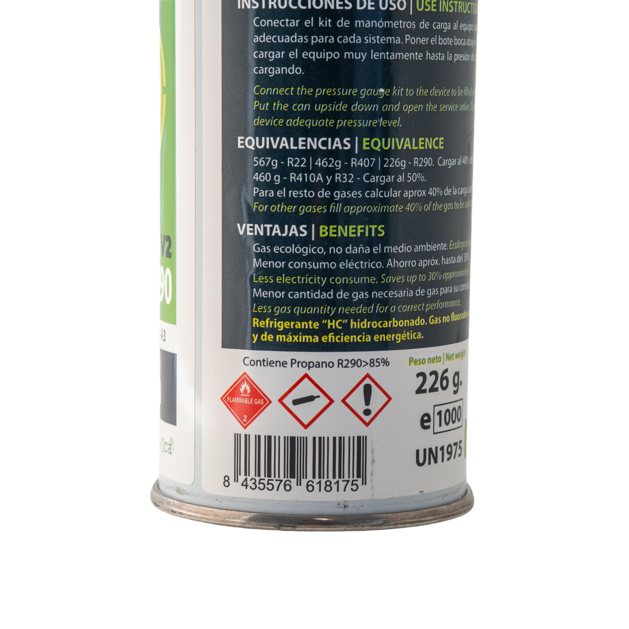 2x Botes GASICA V2 (452g Neto Total) | Gas Refrigerante Ecológico | Equivalente a 900g aprox de R22 | Sustituto R22, R407C y R410A | Kit con Válvula y Manguera