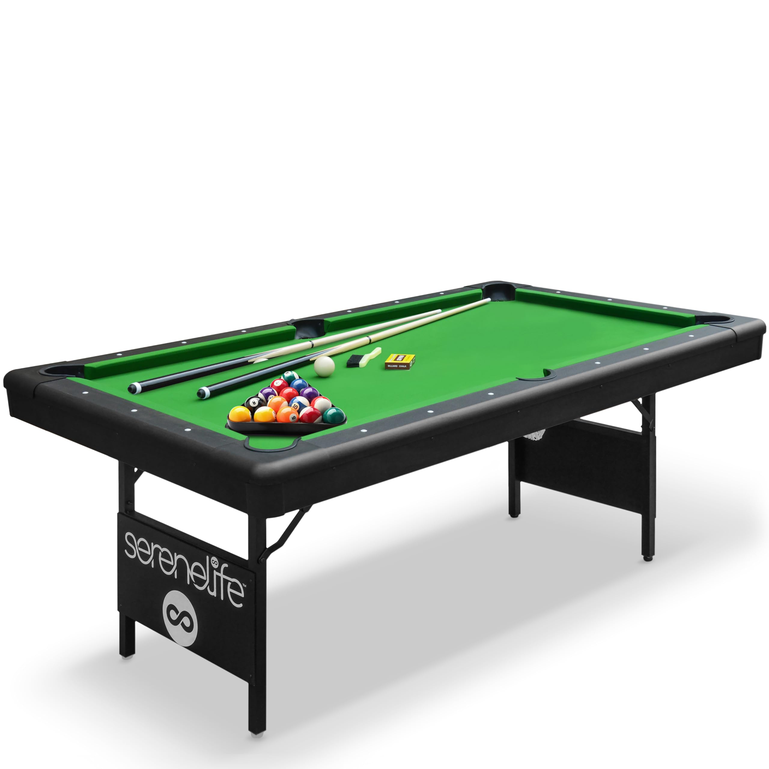 SereneLife 6-Fuß Klapp-Pooltisch – Tragbarer Billardtisch – Inklusive 2 Queues, vollständigem Ballset, Kreide, Bürste – Klappbarer Pooltisch für Kinder und Erwachsene