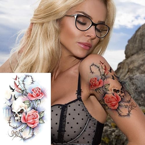 Miniatura 8 de 12 hojas PadOUN grandes flores cráneo temporal tatuaje manga para mujeres, 8 hojas realistas brazo completo tatuajes manga y 4 hojas medio brazo