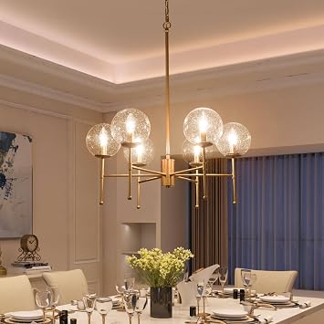 KSANA Gold Chandelier for Dining Room, 6 Light Modern Chandeliers with Seeded Glass Adjustable Hanging Light Fixtures for Living Room, Foyer, Bedroom