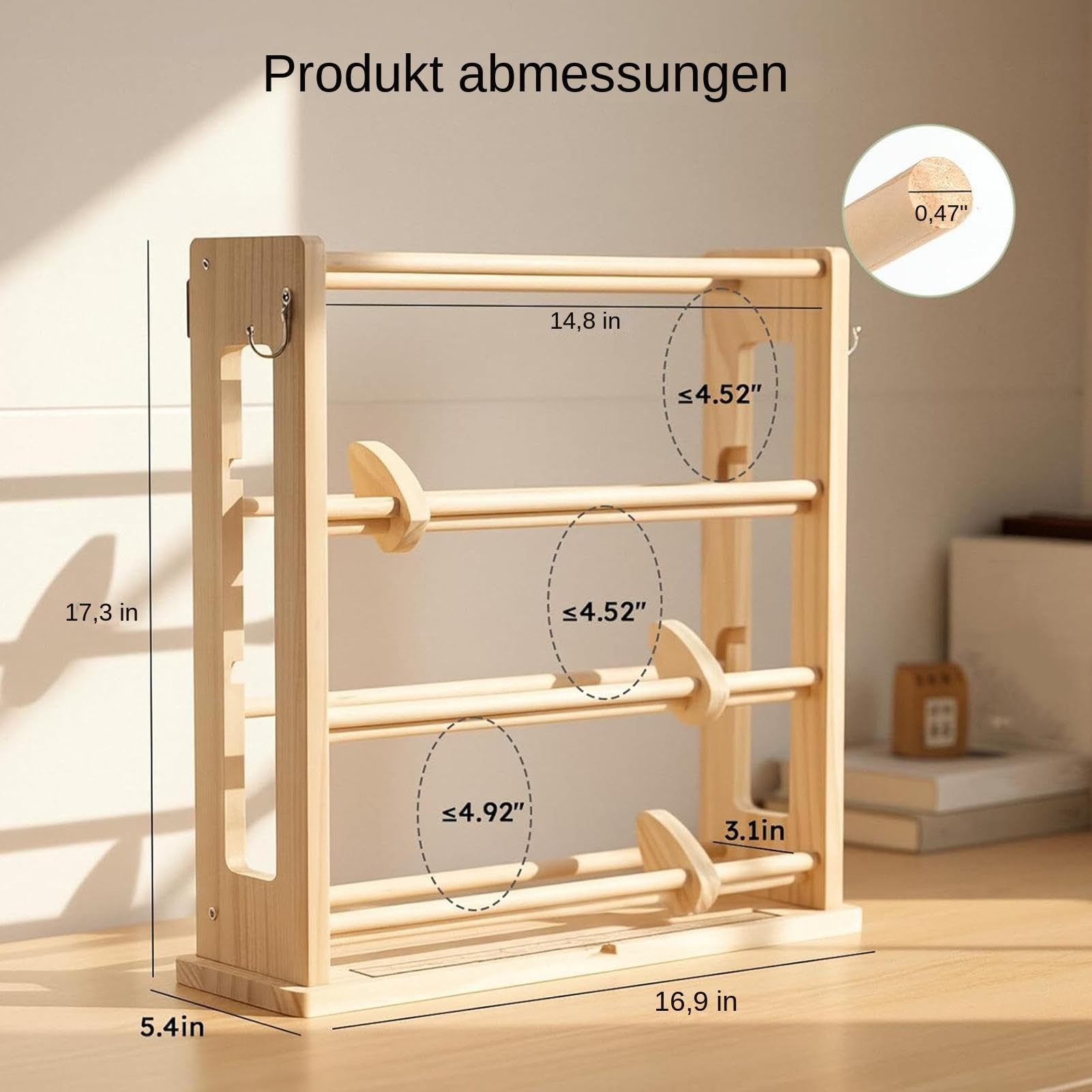 Soporte organizador para cinta, 4 niveles, de madera, con gancho