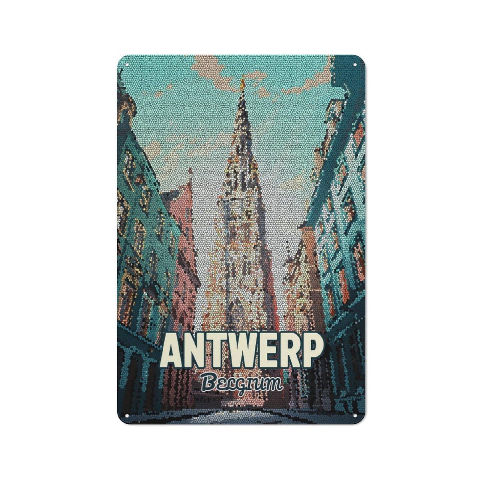 Junmoney Style-5 Everyday Antwerp Belgium Mosaic City Decorative Tin Plaque 30X20cm, Room Wall Plaque For Bedroom, Kitchen, Office Or Living Room