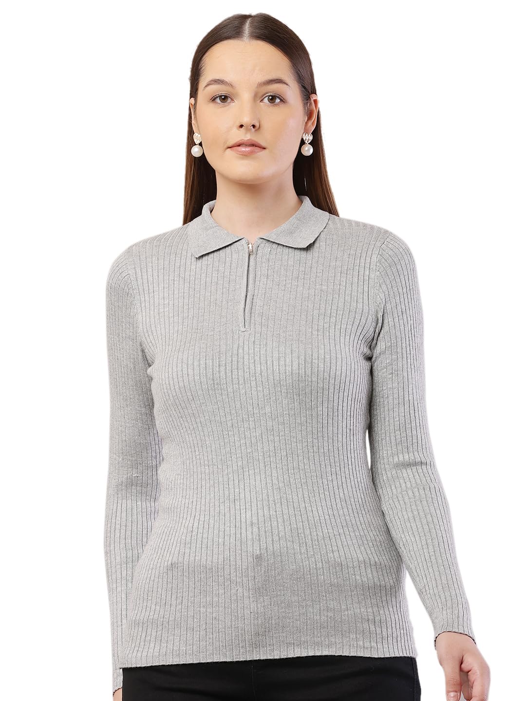 nobarr Women's Viscose Full Sleeve with Shirt Collar Ribbed Blue Sweater-picture-17