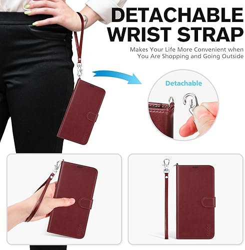 Miniatura 5 de TUCCH Funda para iPhone 15 Pro con correa para la muñeca, bloqueo RFID 4 ranuras para tarjetas Funda magnética atril, piel sintética a prueba de