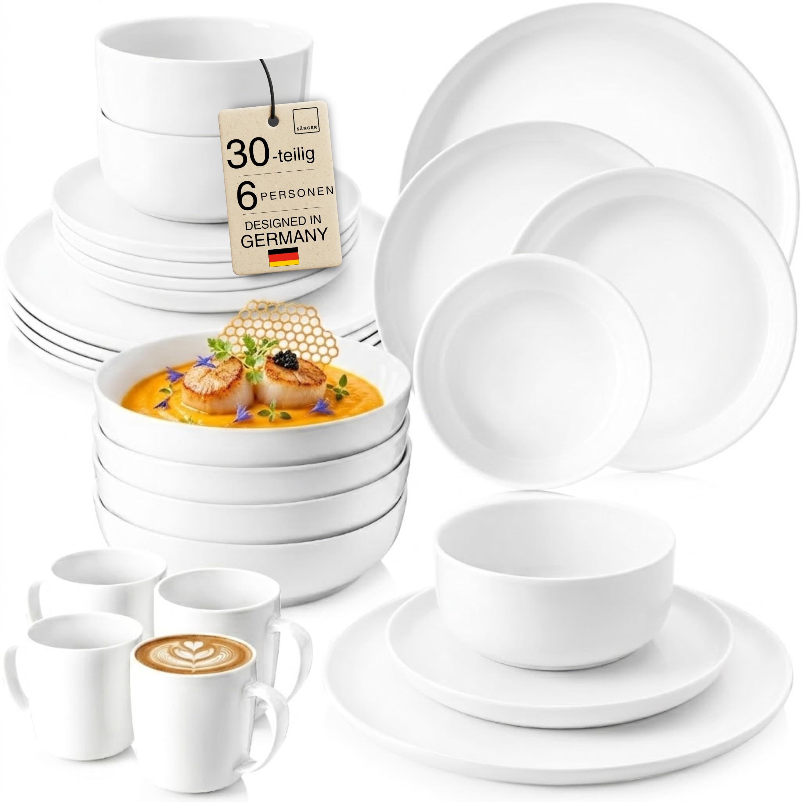 SÄNGER | Kombiservice Marlo Weiß, 30-teiliges Geschirrset für 6 Personen mit Speise-, Dessertteller, Schalen, Müslischalen und Kaffeebechern aus Porzellan, moderne Form |PREMIUM COLLECTION