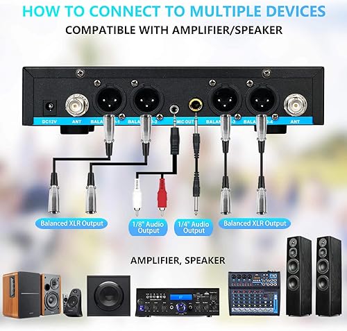 Miniatura 9 de Sistema de micrófono inalámbrico profesional de 4 canales, auriculares de mano inalámbricos de metal UHF, micrófonos de solapa para cantar karaoke