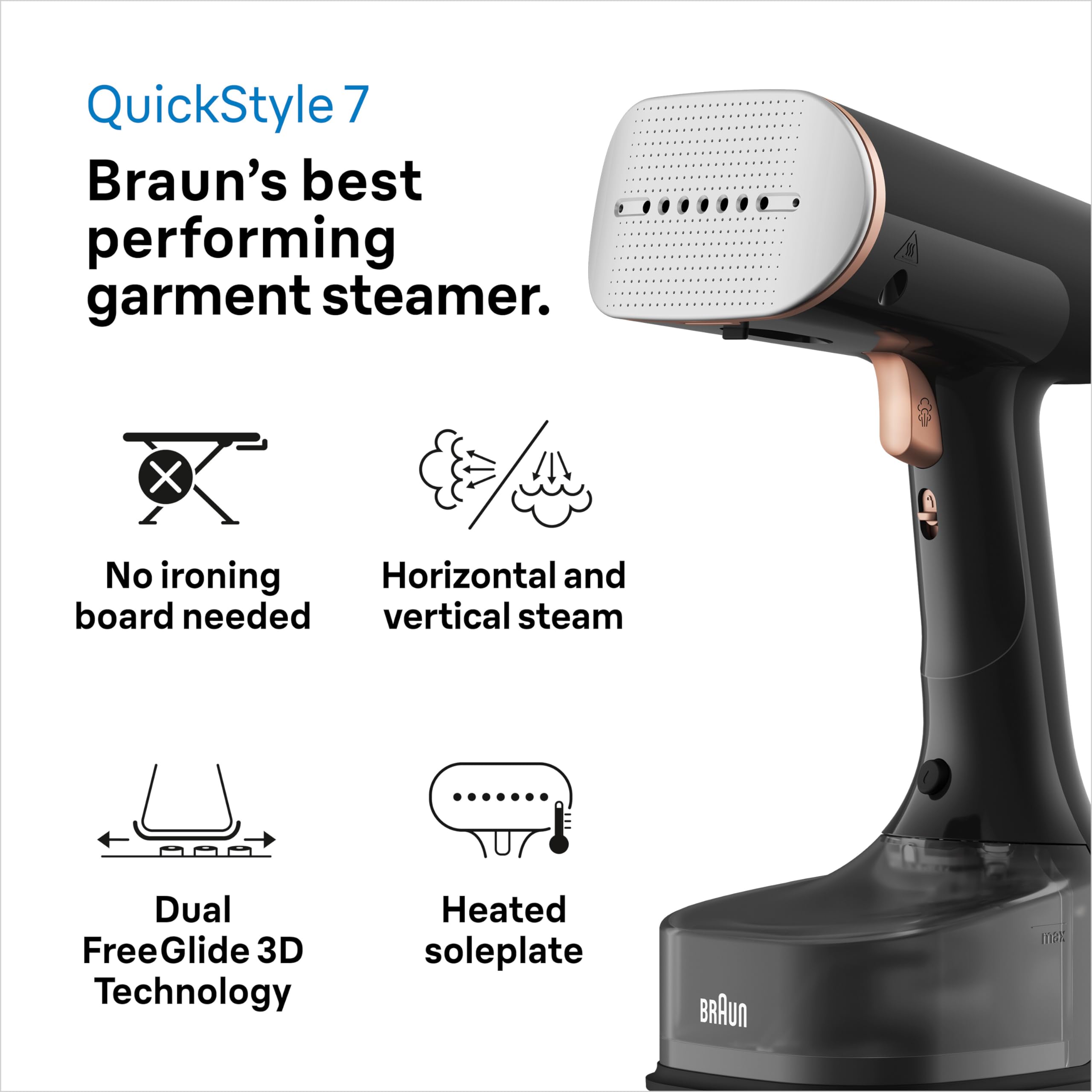 Braun QuickStyle 7 GS7077BK Dampfglätter, Dual FreeGlide 3D Technologie, FastSteam Technologie, Steamer, Dampf 35 g/min, Wassertank 250 ml, 3 m Kabellänge, in 35 Sekunden bereit, 1600W, Schwarz/Kupfer