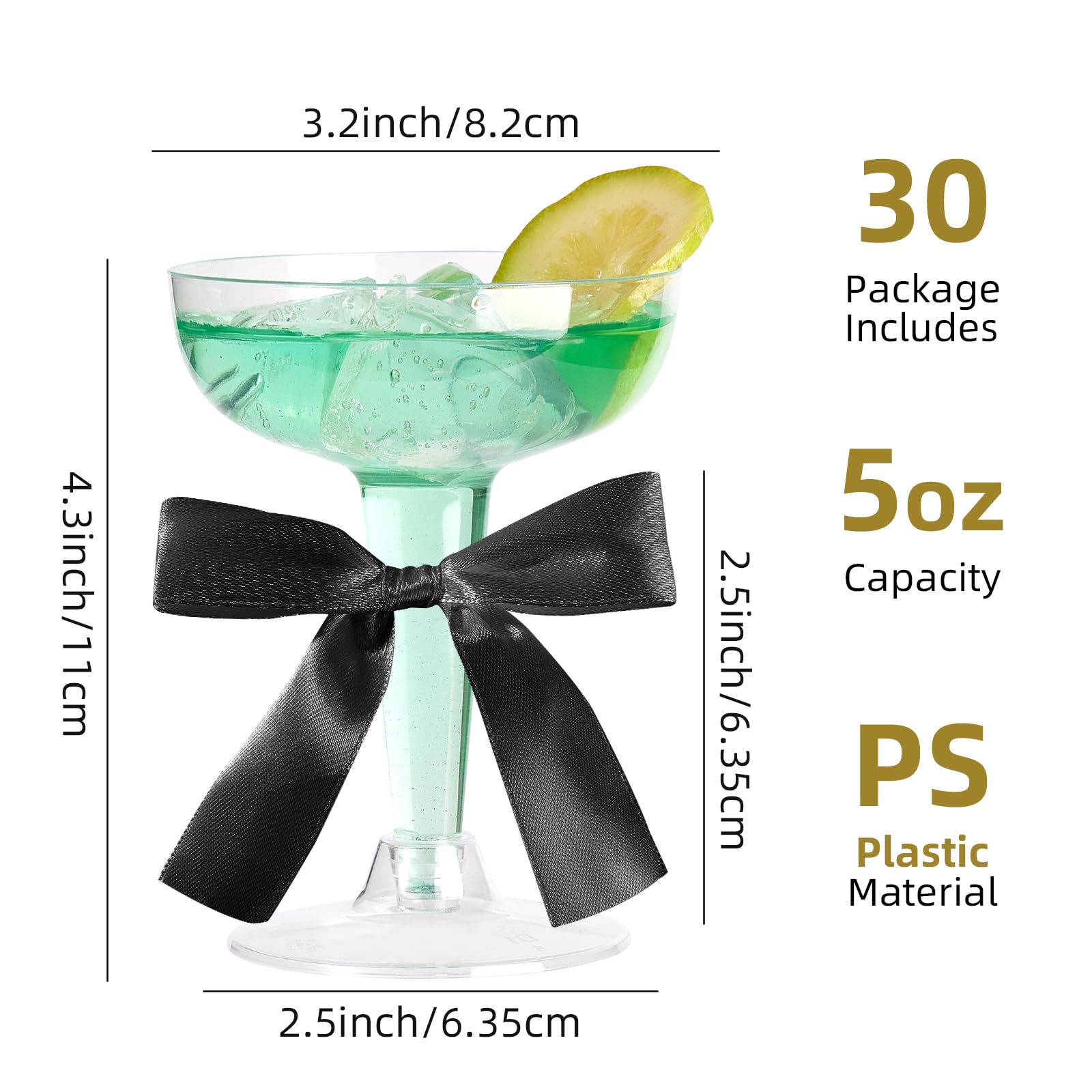 WJXCYGG 30 Set 5 Oz Acrylic Martini Glasses With Satin Ribbon Bow Decor Unbreakable Cocktail Glasses for Wedding Bachelor Birthday Party Martini Margarita Cocktail Dessert (black)