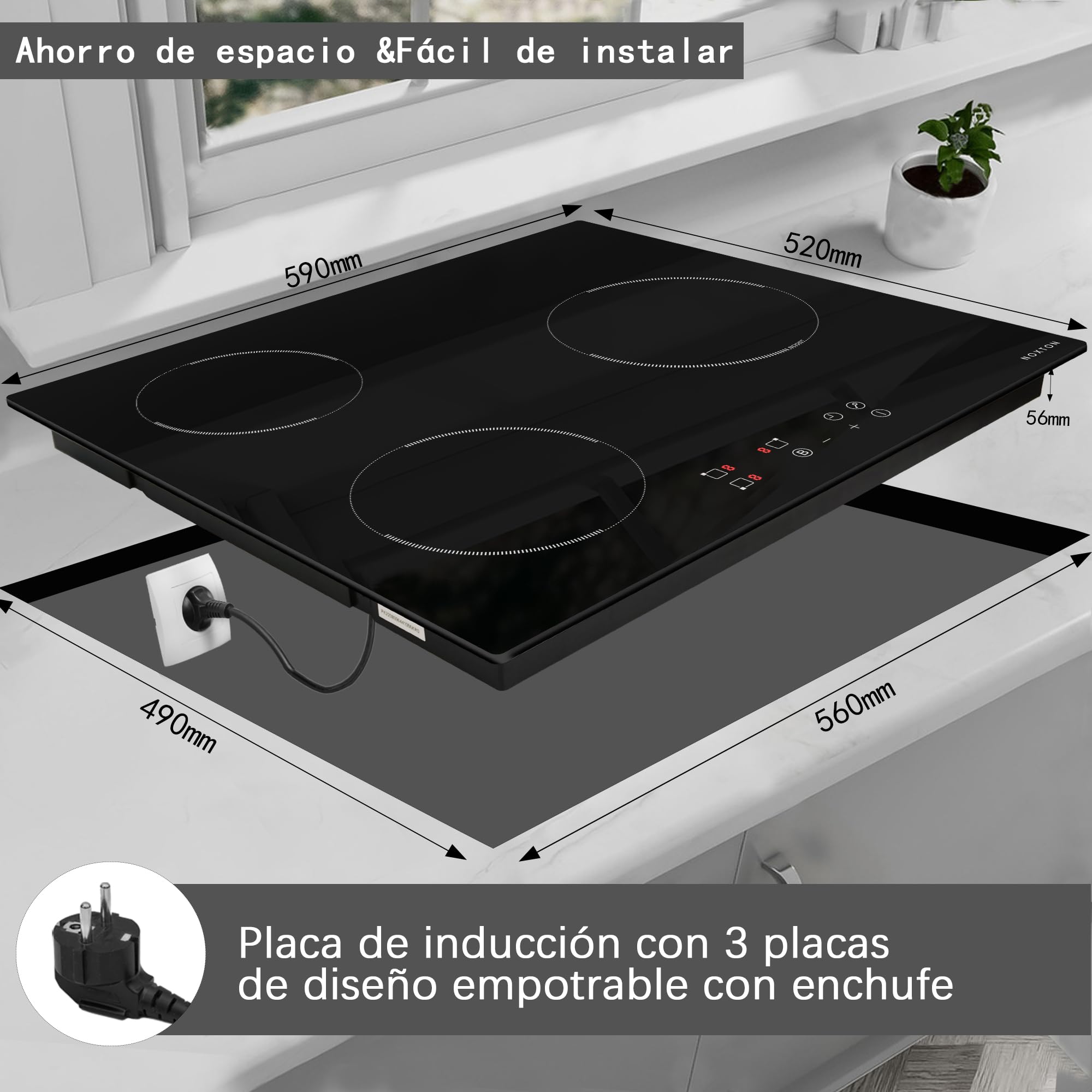 Noxton Piano Cottura Induzione 3 Fuochi,Piastra ad Elettrico 60cm Toccre Controll con Spina, 3500W Piastra Induzione di Timer,9 Livello di Potenza,Spegnimento Automatico,Indicazione Calore