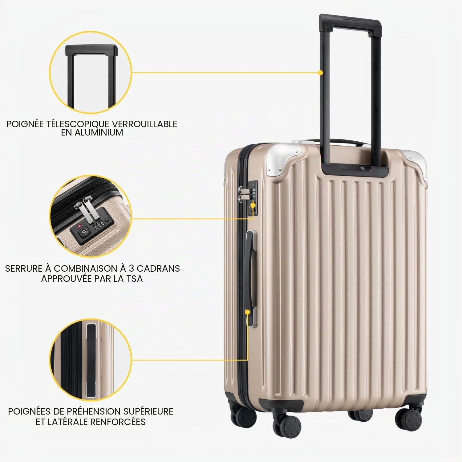 LEVEL8 Valise Cabine Extensible ABS+PC Bagage à Main Trolley Rigide Bagages Cabine avec 4 roulettes Doubles Pivotantes et Serrure TSA, 55x37x25CM, 42L, Champagne